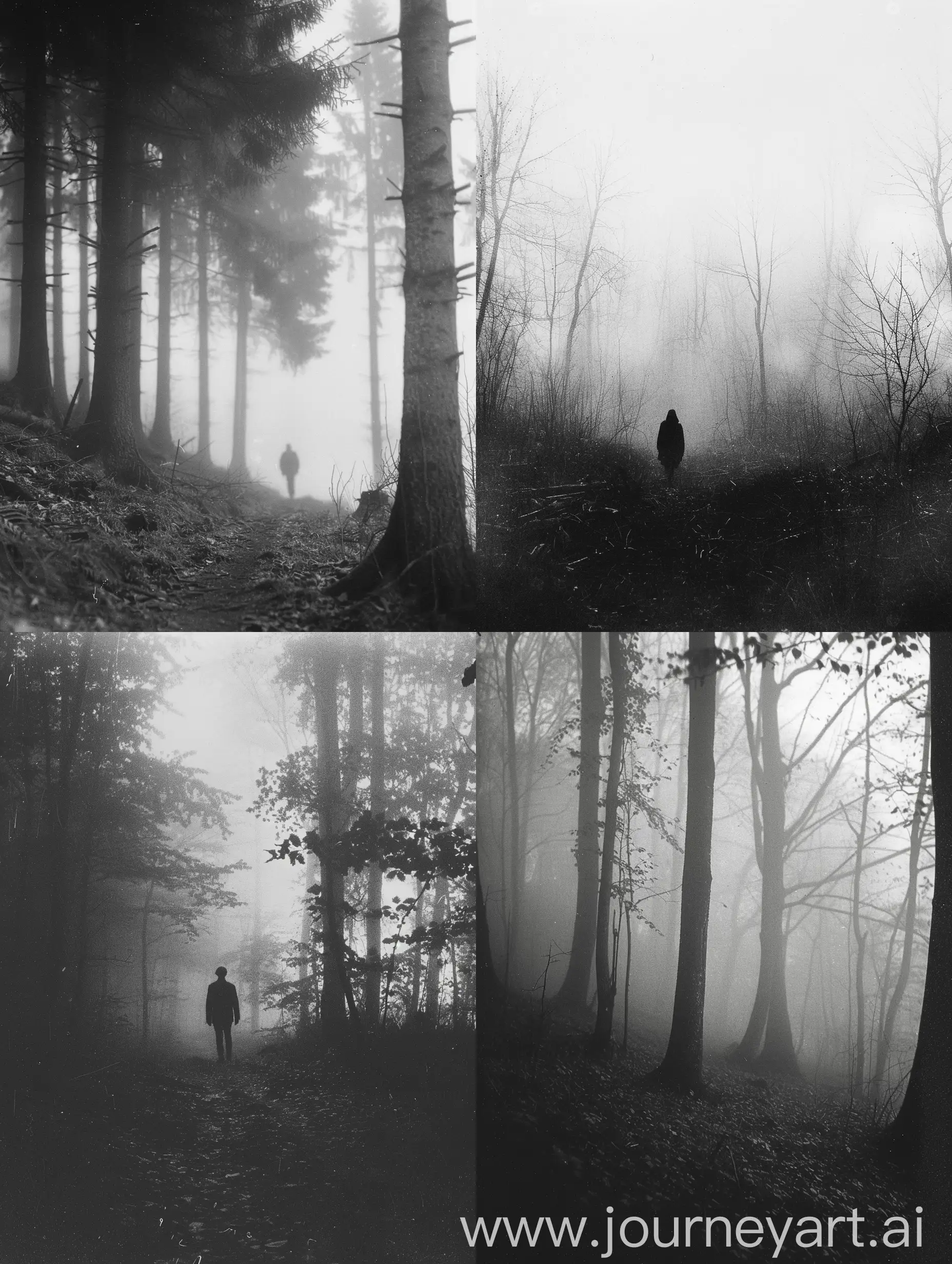 Black Phillip, foggy forest, grayscale, folk horror, expired 35mm film