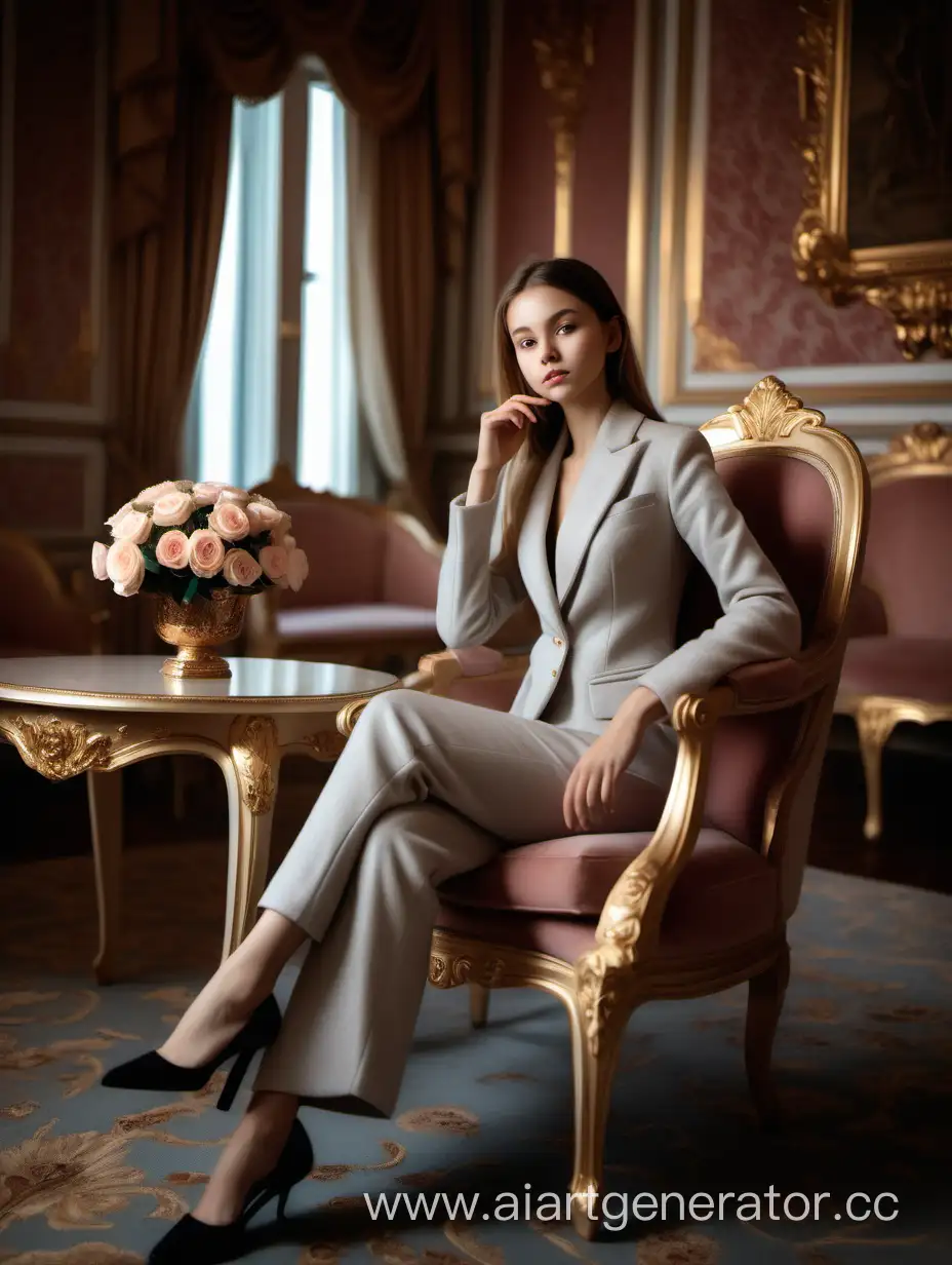a girl in a cashmere suit sits in a royal style room