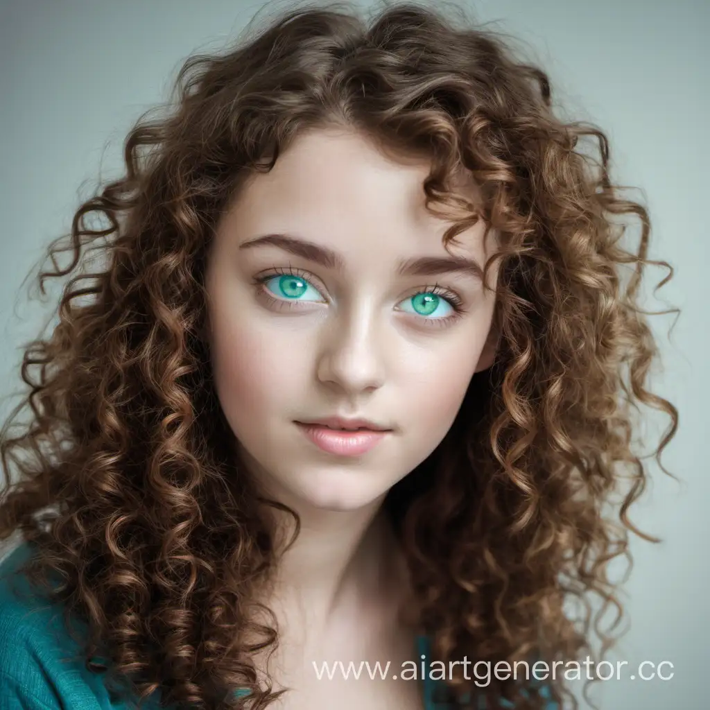 a young woman with brown curly hair and blue-green eyes