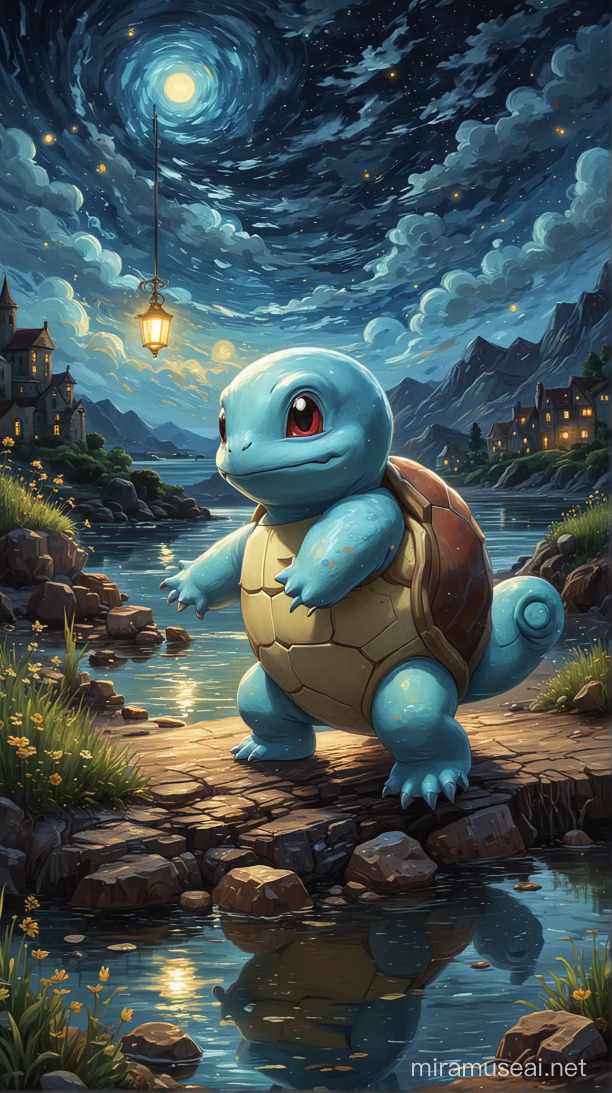 Pokemon squirtle in a night scène landscape in the style of van gogh painting 