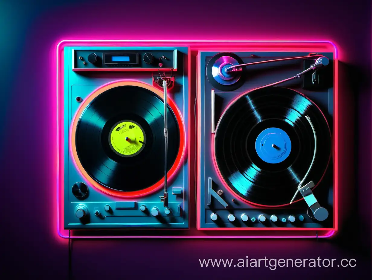 Neon-Top-View-of-Vinyl-Records-and-Players