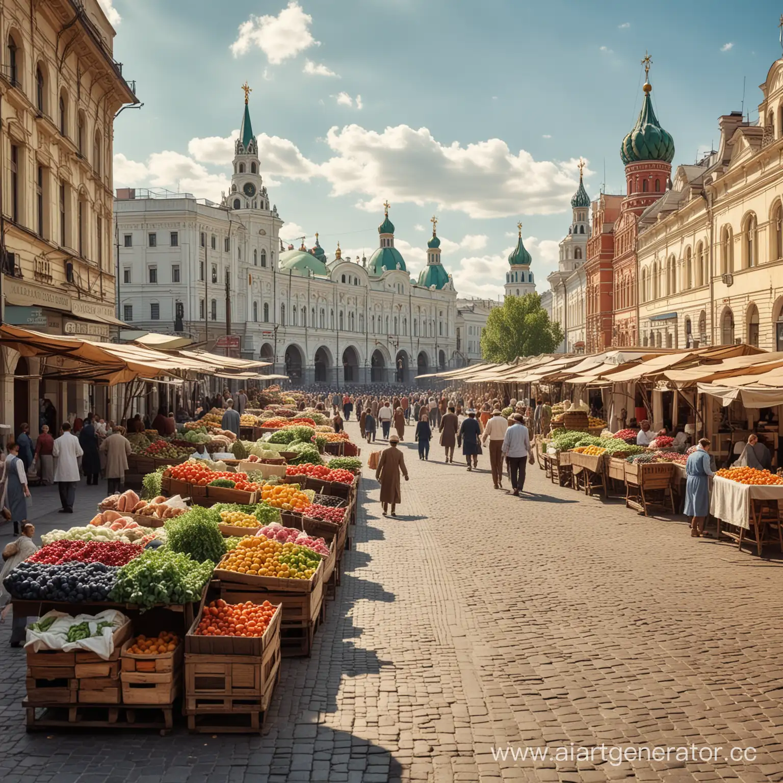 Make an image of the market square in Moscow in perspective. An old photo from the 1920s. People are walking down the street. A bright sunny day. Blue sky. There are fruits and vegetables on the market square. There are many of them. The street is narrow and cramped and winding. Not a tourist place. Nearby there are craft shops for sewing shoes, a laundry, a bookstore. A cozy summer landscape. Fruits and vegetables and flowers are in the foreground. people in old clothes. In detail