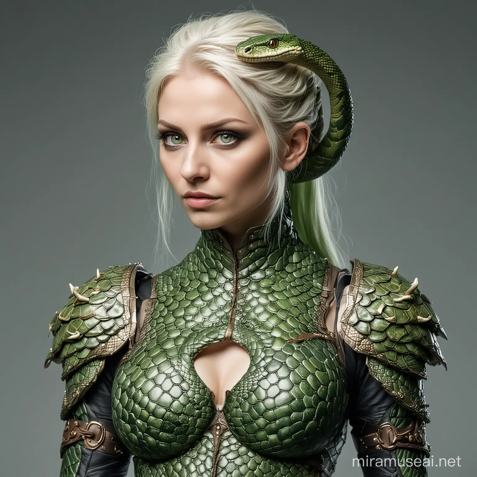 Luxurious MiddleAged Snake Lady in Armor with Serpentine Features