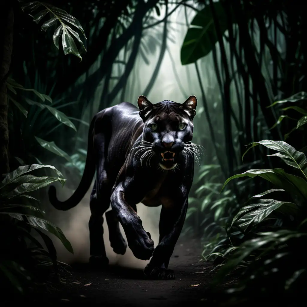 Black puma running down the big jungle and roaring, coming out of the darkness, from far away, looking you in the eyes