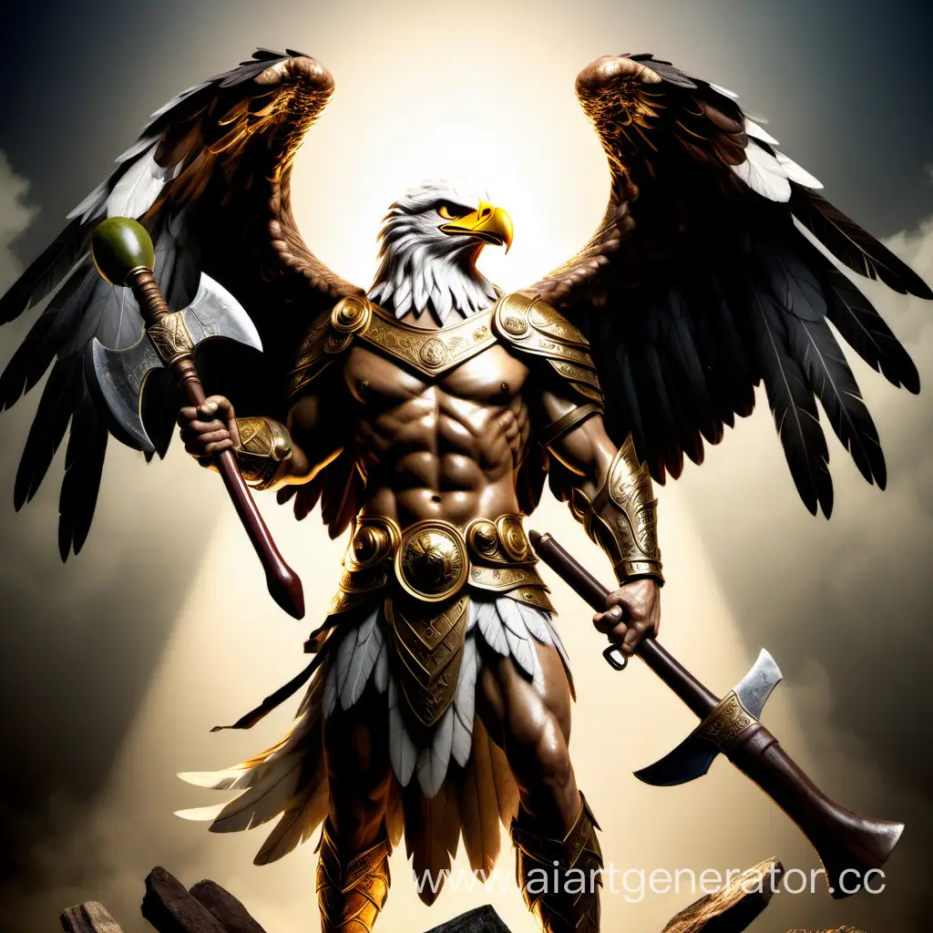 Орёл воин Света с раскинутыми крыльями в свете с топором в руках и оливковой ветвью