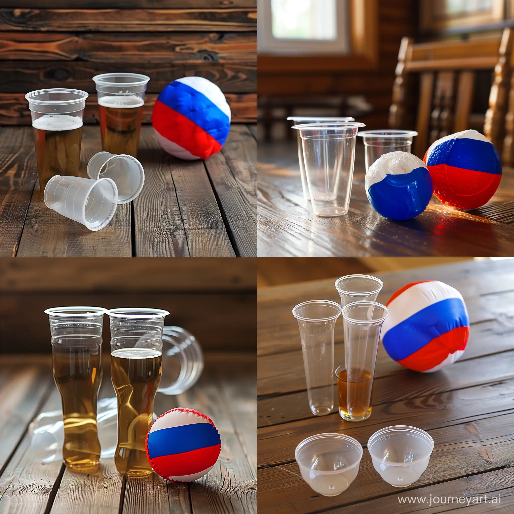 Three plastic beer cups upside down and a russian-flag as a ball nearby