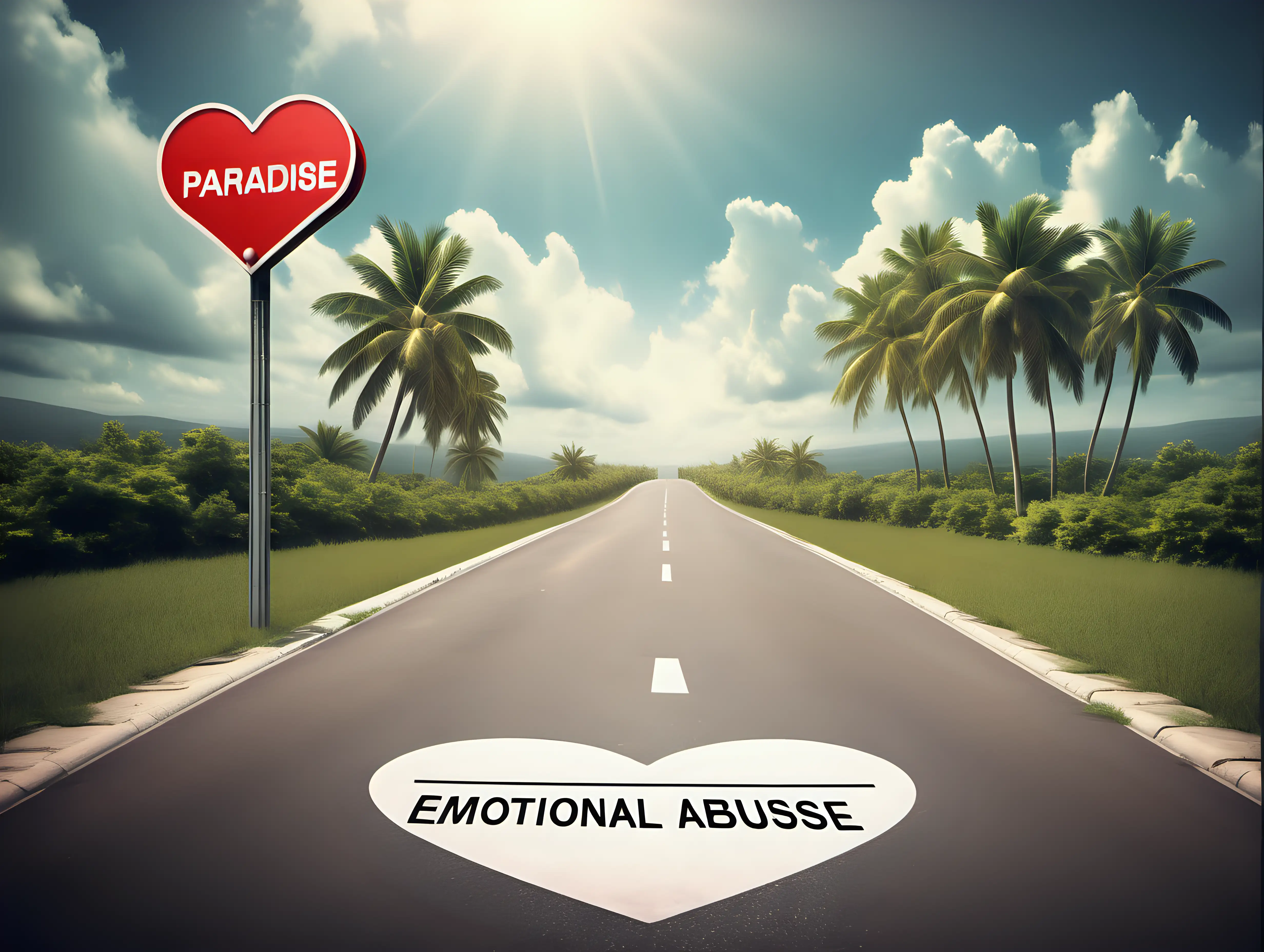 picture with paradise view and street sign in the shape of the heart,where it is written caution emotional abuse. Correct the mistake and write correctly emotional abuse