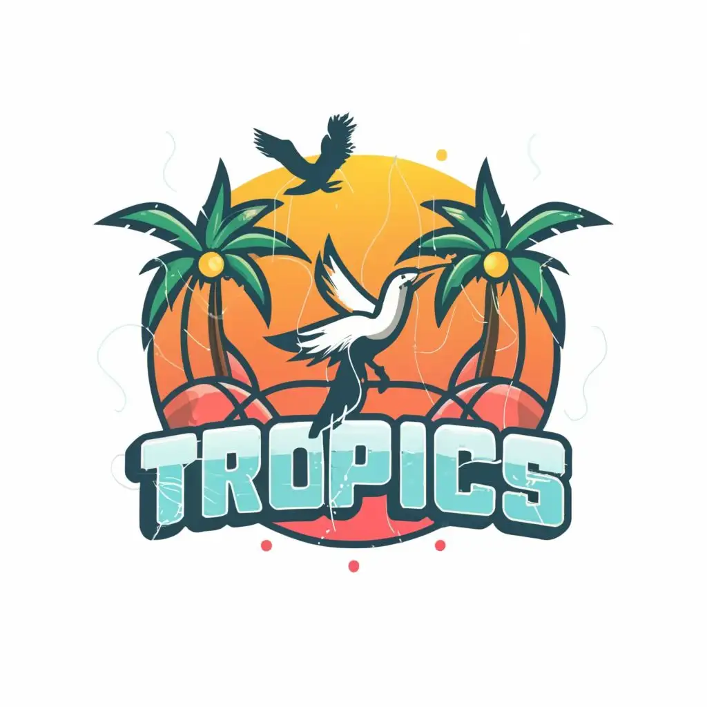 logo, Bird, Water, Palm Trees, Basketball, with the text "Tropics", typography, be used in Sports Fitness industry
