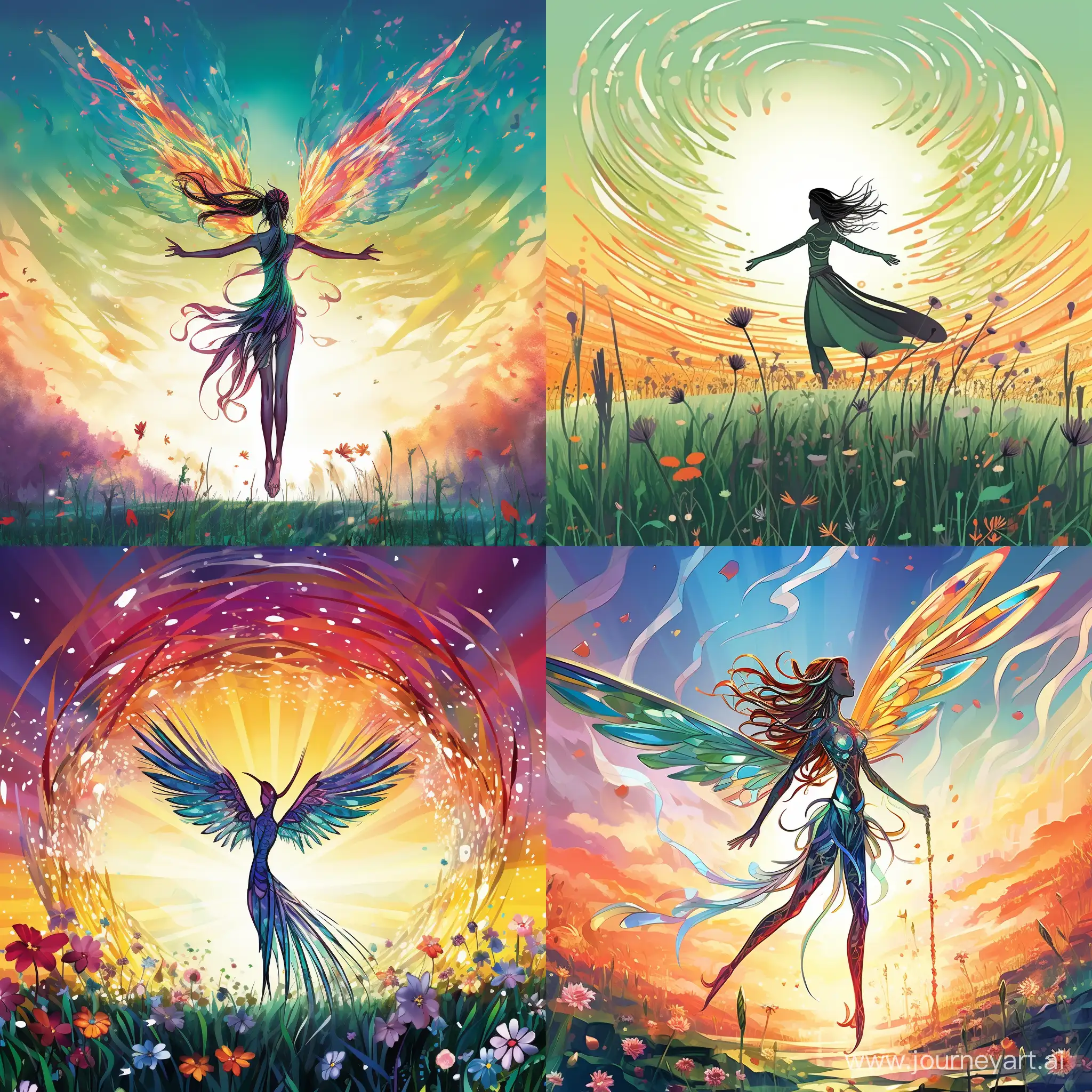 color, Simple image, simple line, with hummingbird, Full body, Full figure, flying pose, blades, kinetic waves that look like cuts, with power of wings as sharp as blades, wings of blades, cutting effect, small compared to the whole image , colorful, meadow background, fantasy character, fantasy style, d