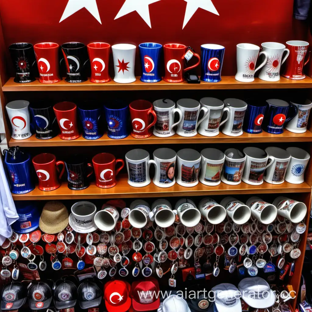 A photo of souvenir shop where there are mugs, T-shirts, key rings, pictures, postcards and hats in Turkey