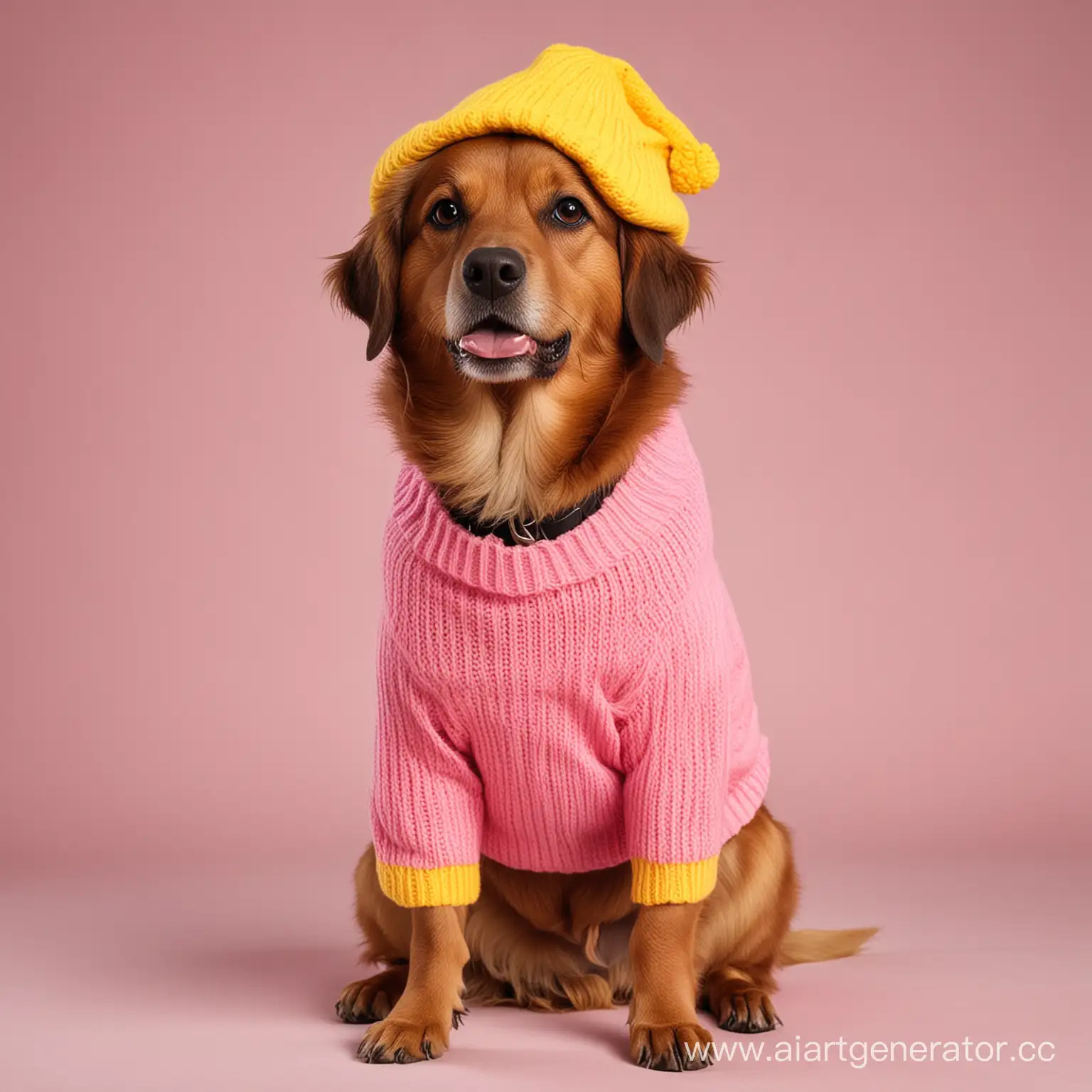 Adorable-Brown-Dog-in-Vibrant-Pink-Cap-and-Cheerful-Yellow-Sweater