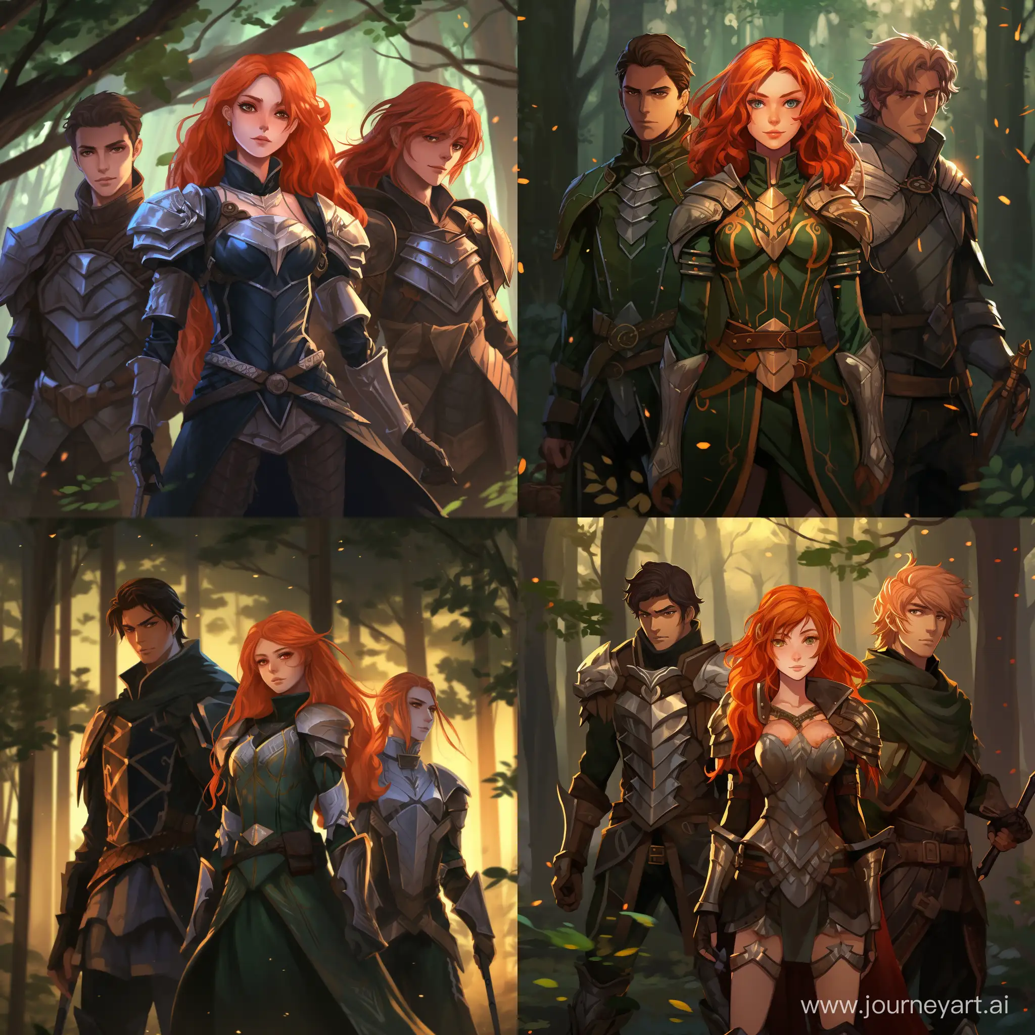 a forest with three people. a young red haired wizard. a ranger elf. a female paladin. anime style