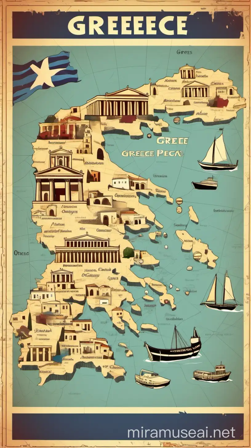 linear map of greece showing images of tourist spots and names of places. art style is colorful. include grungy looking greek flag in the background. include images of greek wine, olives, greek archer, greek ships, santorini and all other important and popular tourist spots with their locations. 