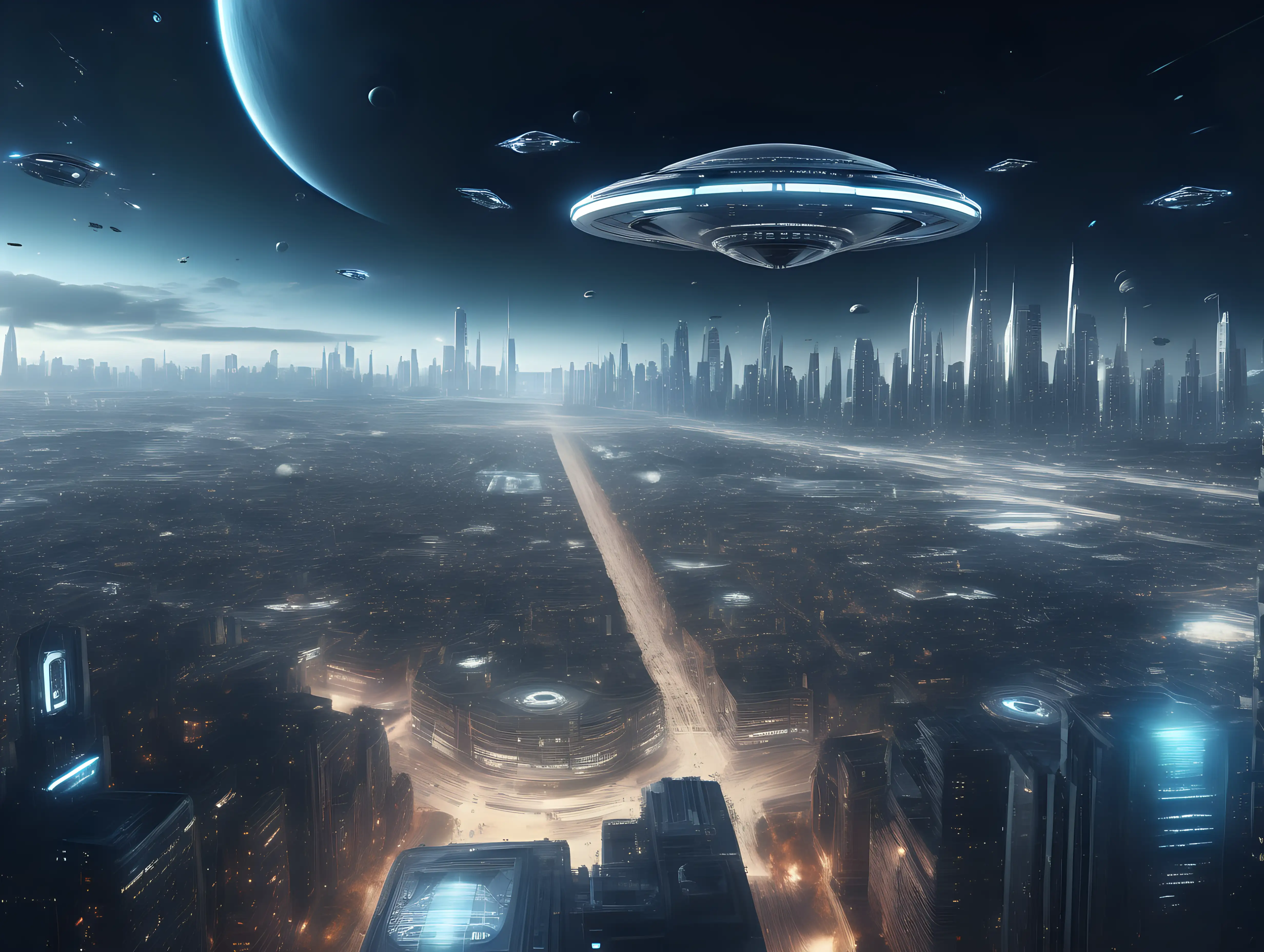 ultra-realistic high resolution and highly detailed photo with depth-perception of a futuristic city in the background with a large space ship full of lights hovering above the city 
