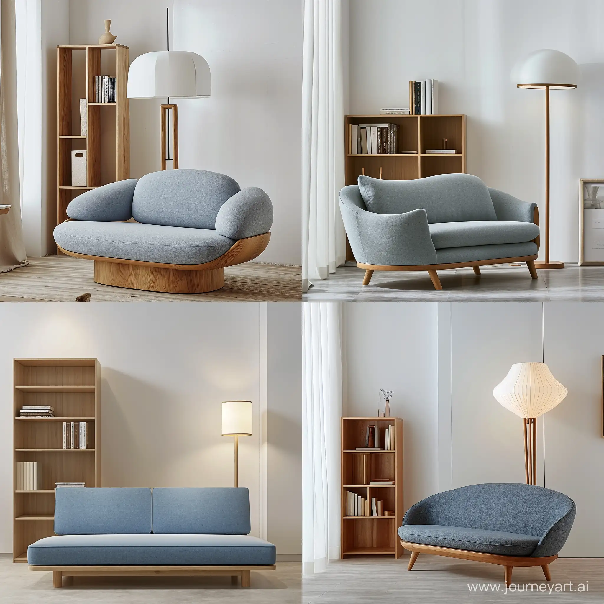 Modern-Blue-Beech-Wood-Sofa-in-Whitedominated-Living-Space-with-Bookcase-and-Reading-Lamp