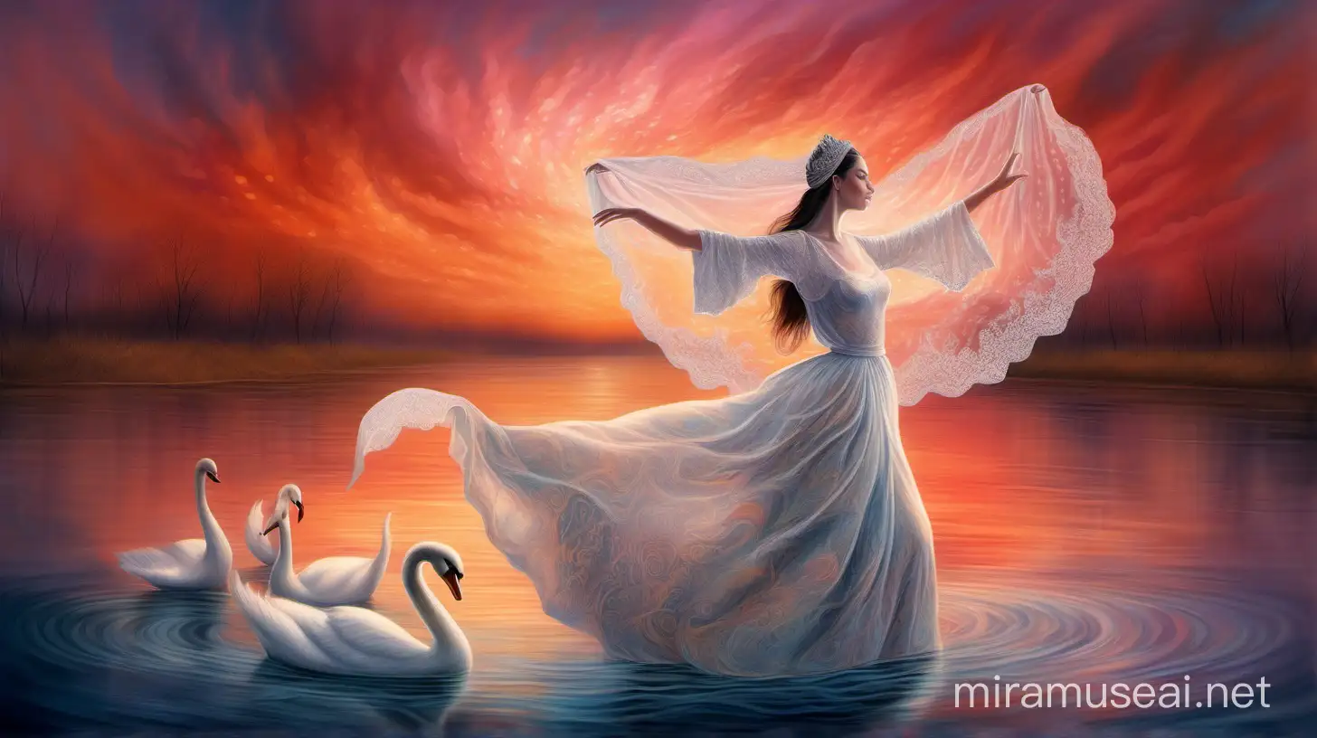 A colorful fiery sky in the background. A gentle cheerful woman The woman has a patterned white princess dress, long enchanting lace sleeves. Veil. A woman dances in the water. The great swan dances. (In the picture there is an inscription: My soul is calm)