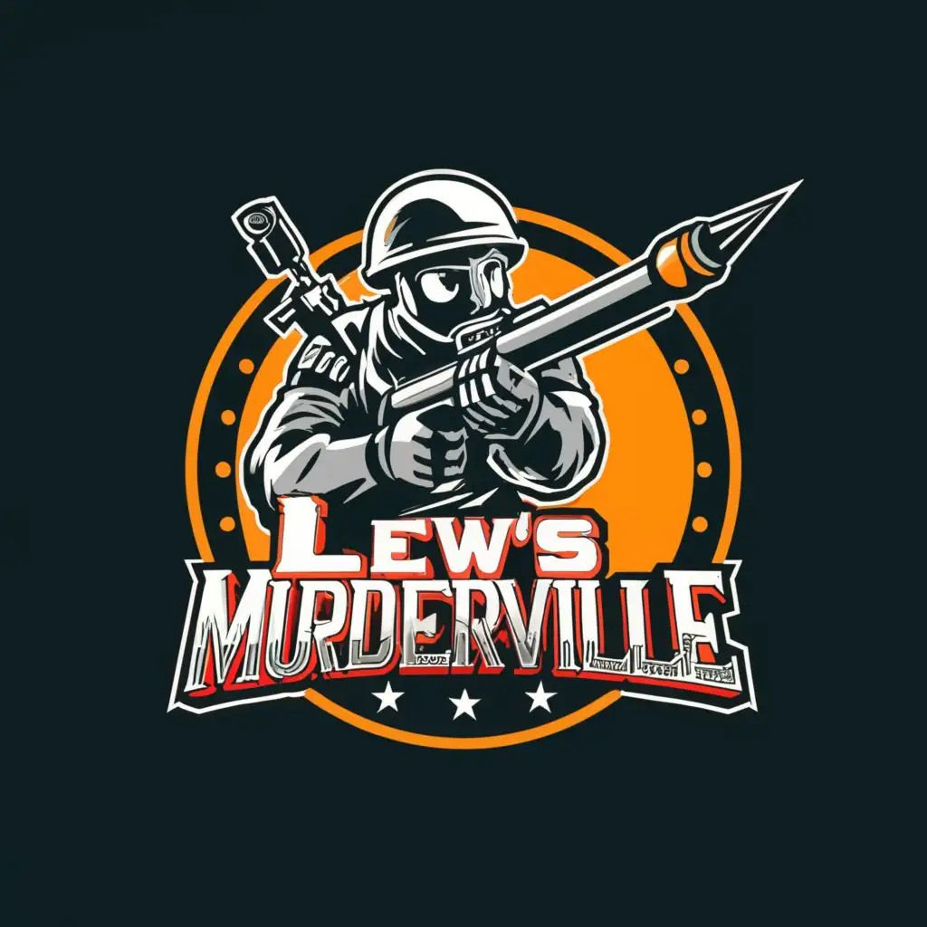 a logo design,with the text "Lew's Murderville", main symbol:Soldier with rocket launcher,Moderate,clear background