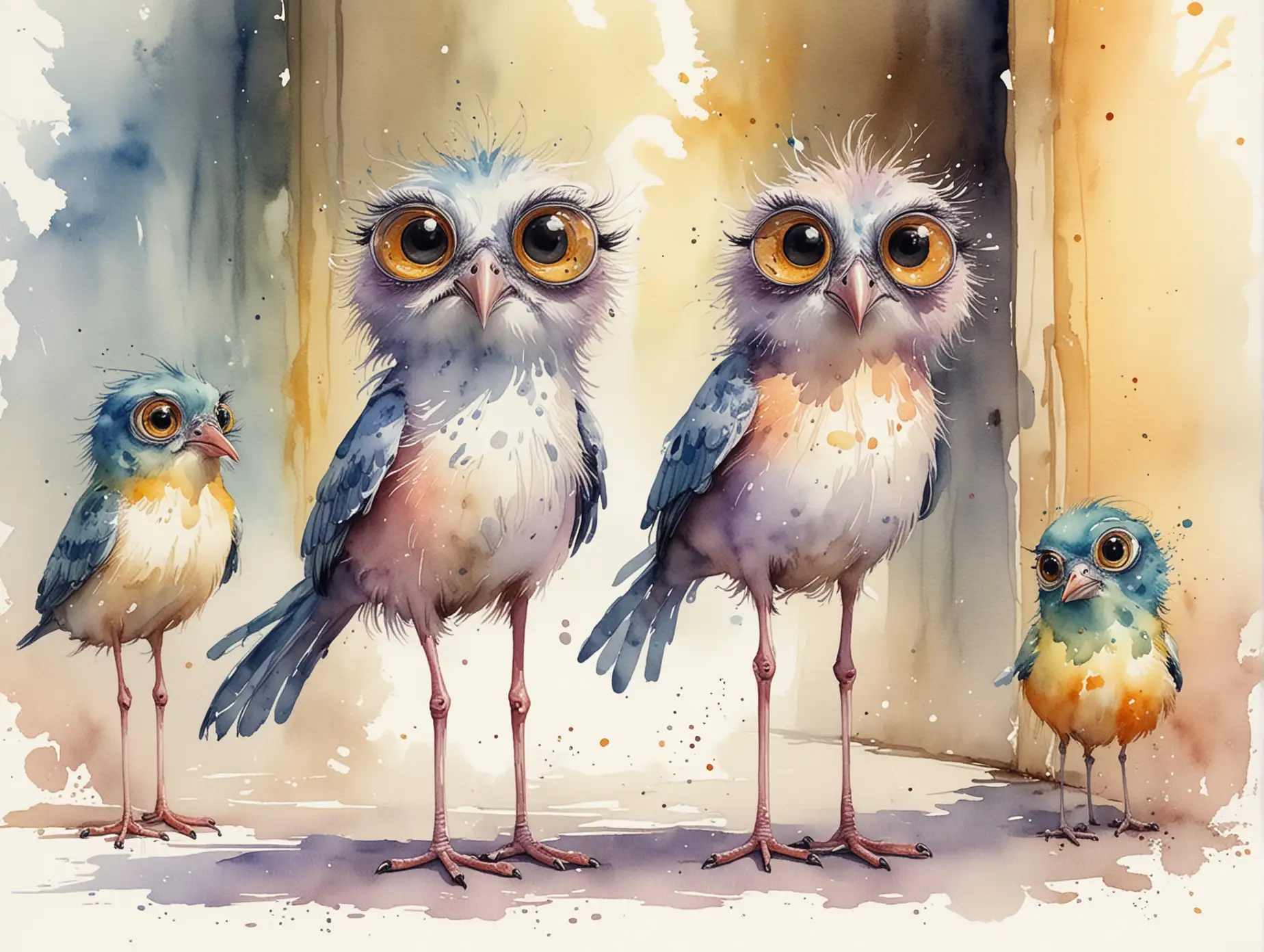 Whimsical Watercolor Birds with Big Eyes and Long Legs