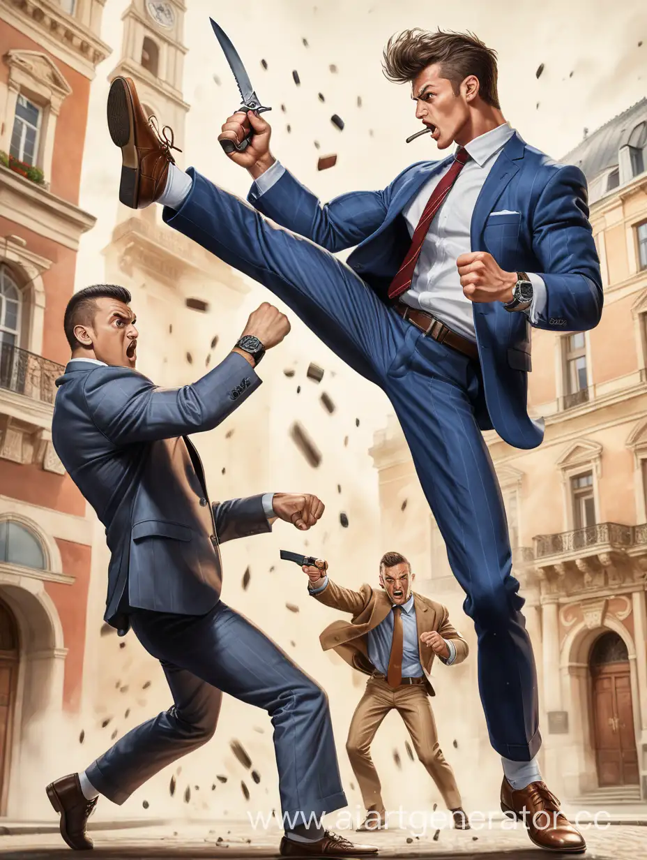A pumped up young guy, European, in a classic suit, kicks a high kick to the head of a knife-wielding criminal.