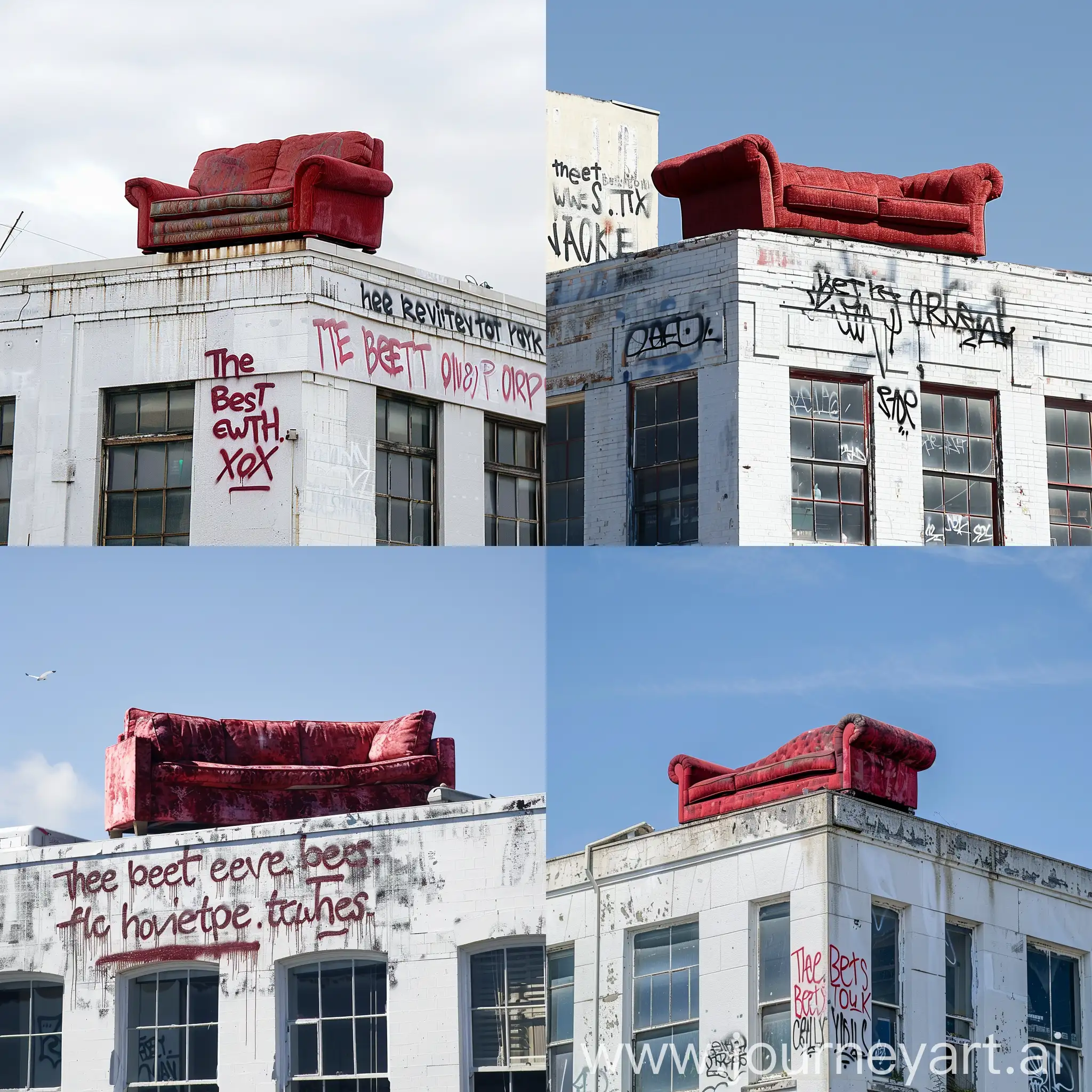 A red sofa on top of a white building. Graffiti with the text “the best view in the city