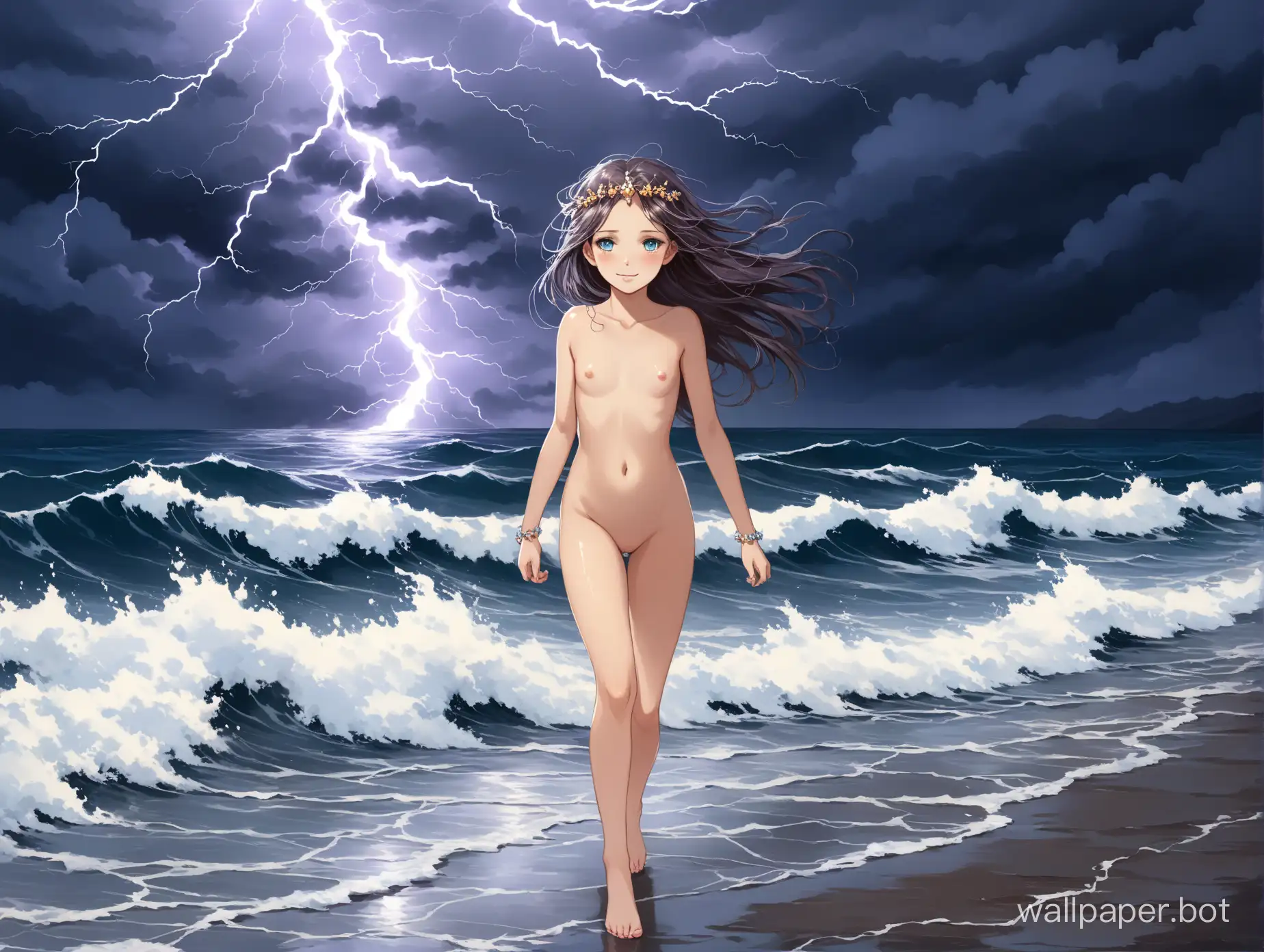 богиня бури весёлая девочка 12 лет обнажённая шалунья драгоценности идёт по дороге над волнами штормового моря под грозовым небом с молниями