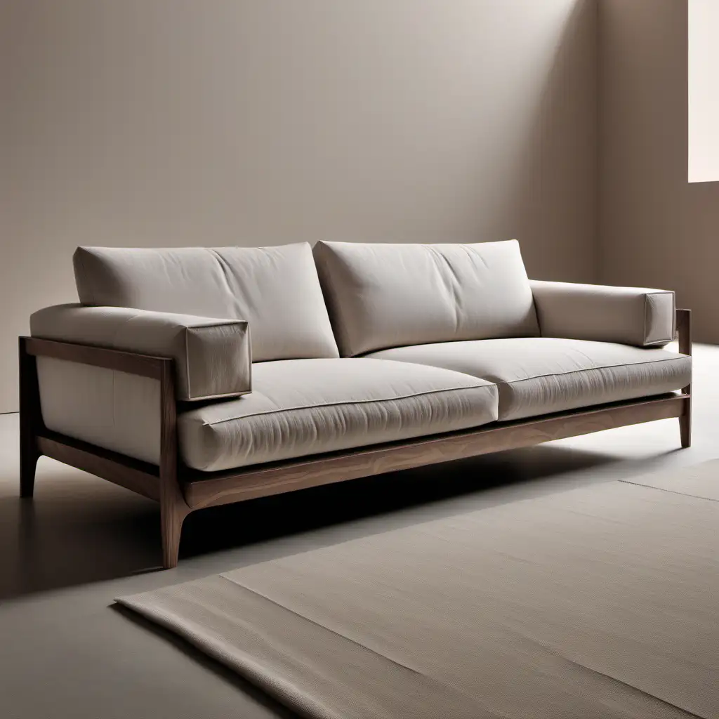 Minimalist Italian Sofa in Petra City with Soft Lines and Wooden Label Details