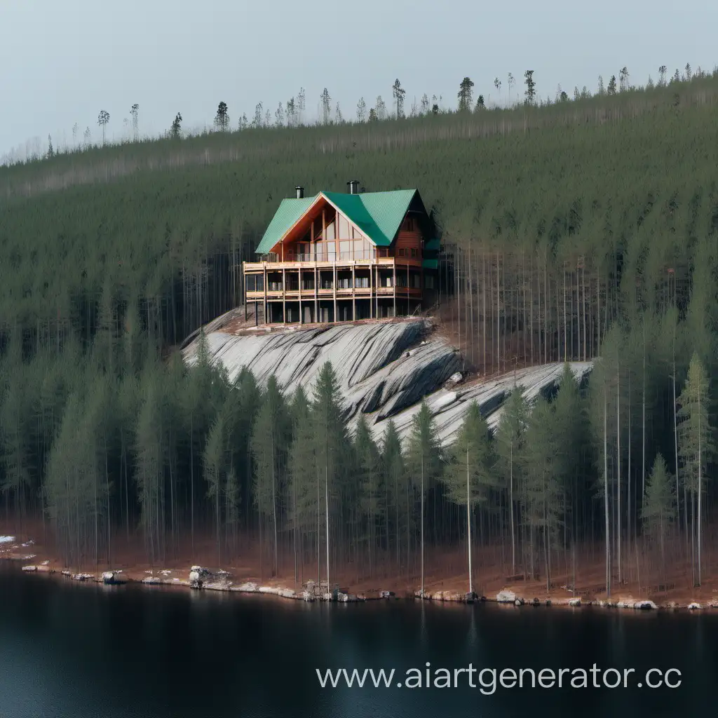 
a big log house on top of a large rocky hill overgrown with pine forest near the lake in the middle of the winter taiga, a view from afar