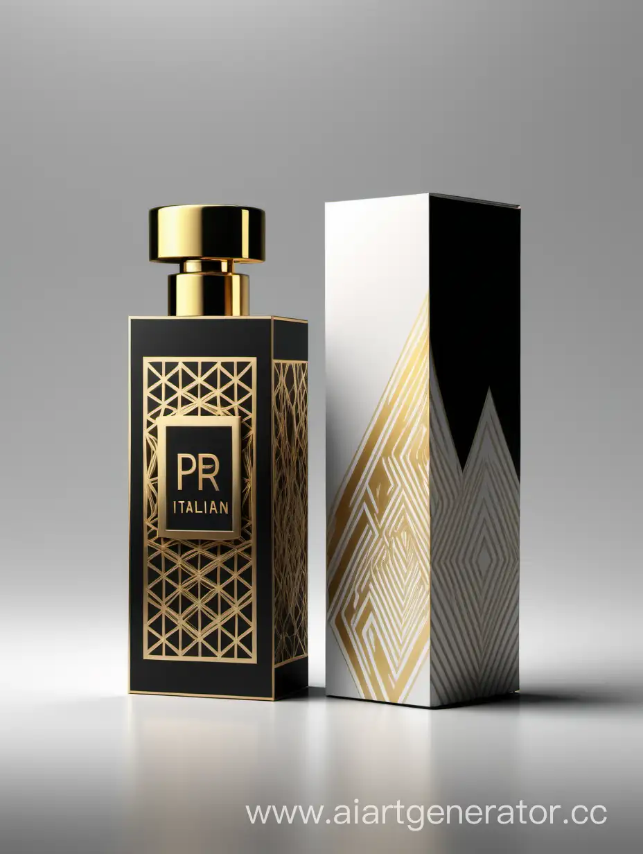 Elegant-Italian-Perfume-Packaging-Modern-Geometric-Design-in-Black-Gold-and-White-Gloss