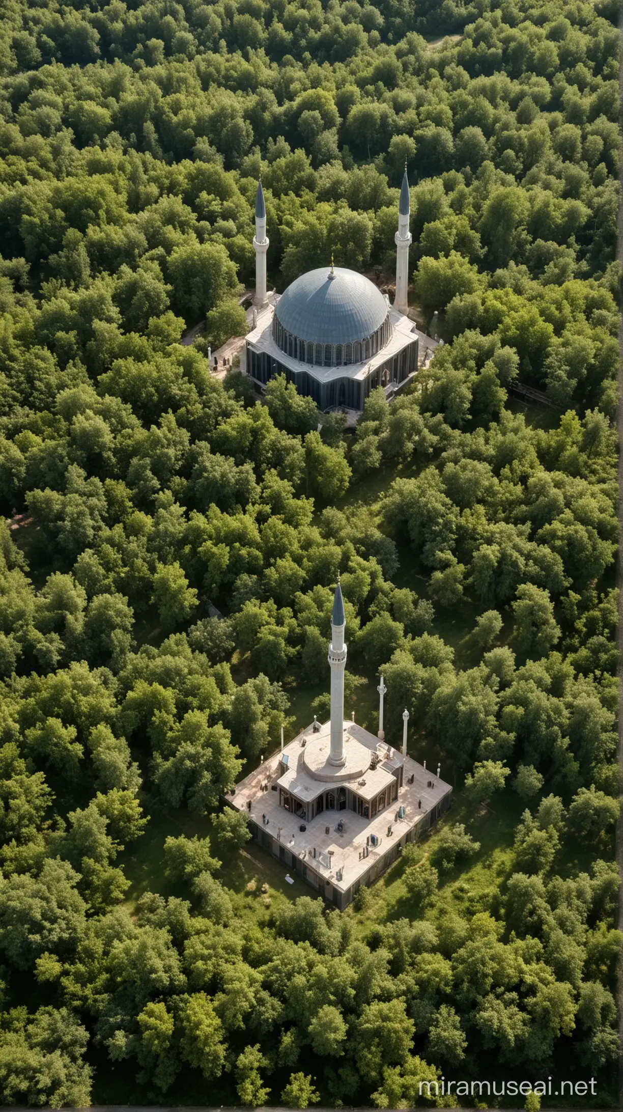 A mosque in the heart of trees, in an orchard, in an exciting world