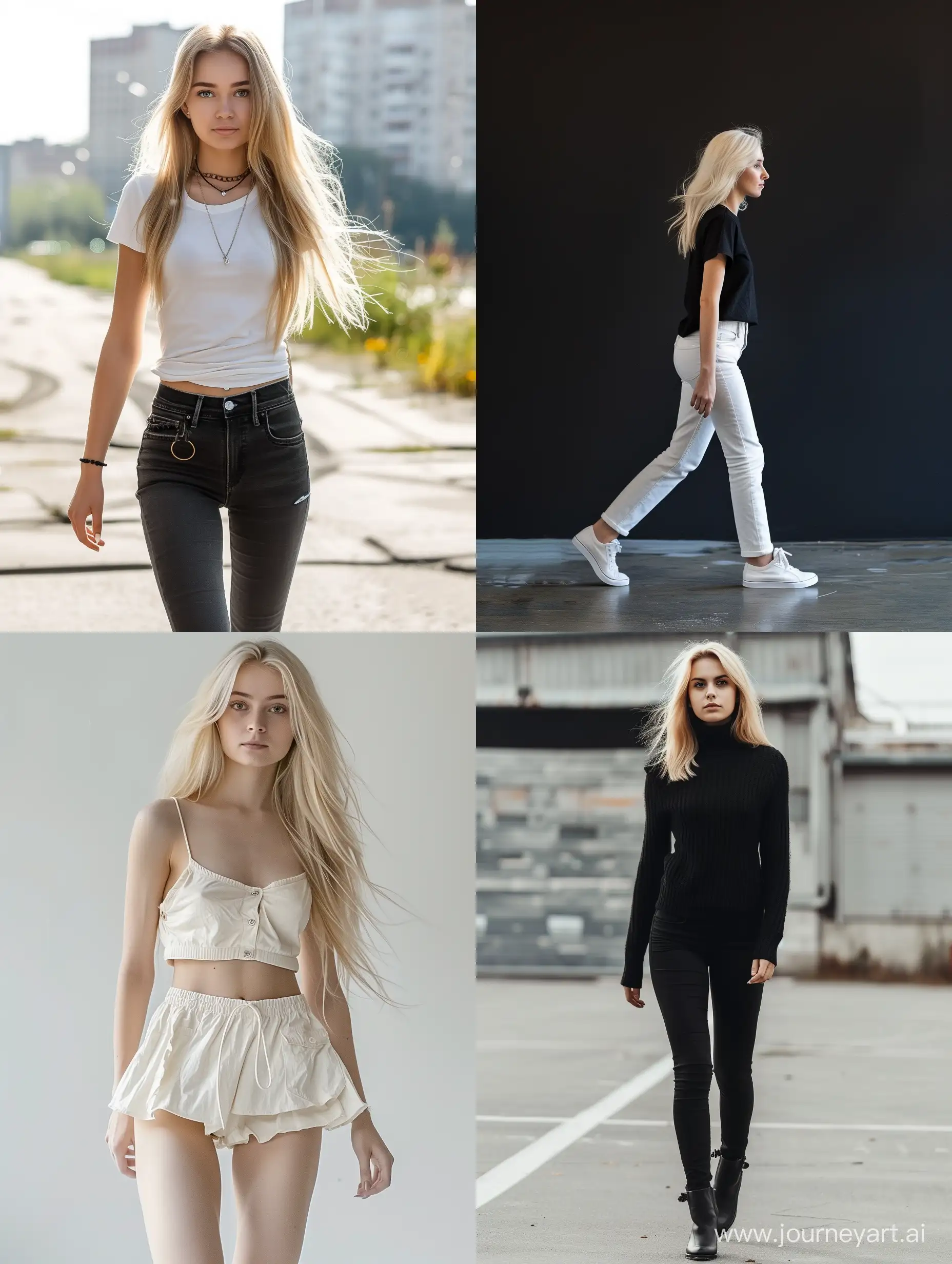 Skinny blonde girl, Slavic, walking, full body
