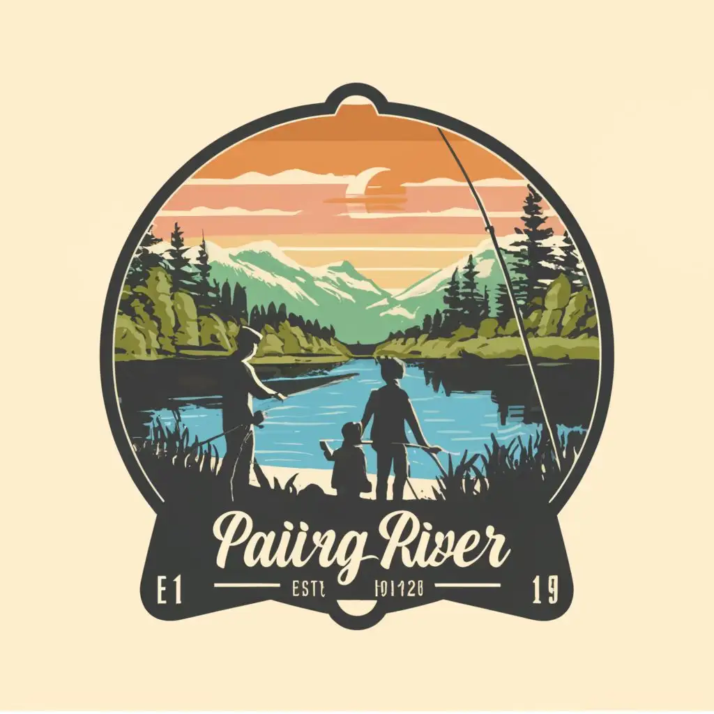 logo, Family with buckets and fishing rods on the background of a river and a forest, a shadow, retro logo, with the text "White river", typography