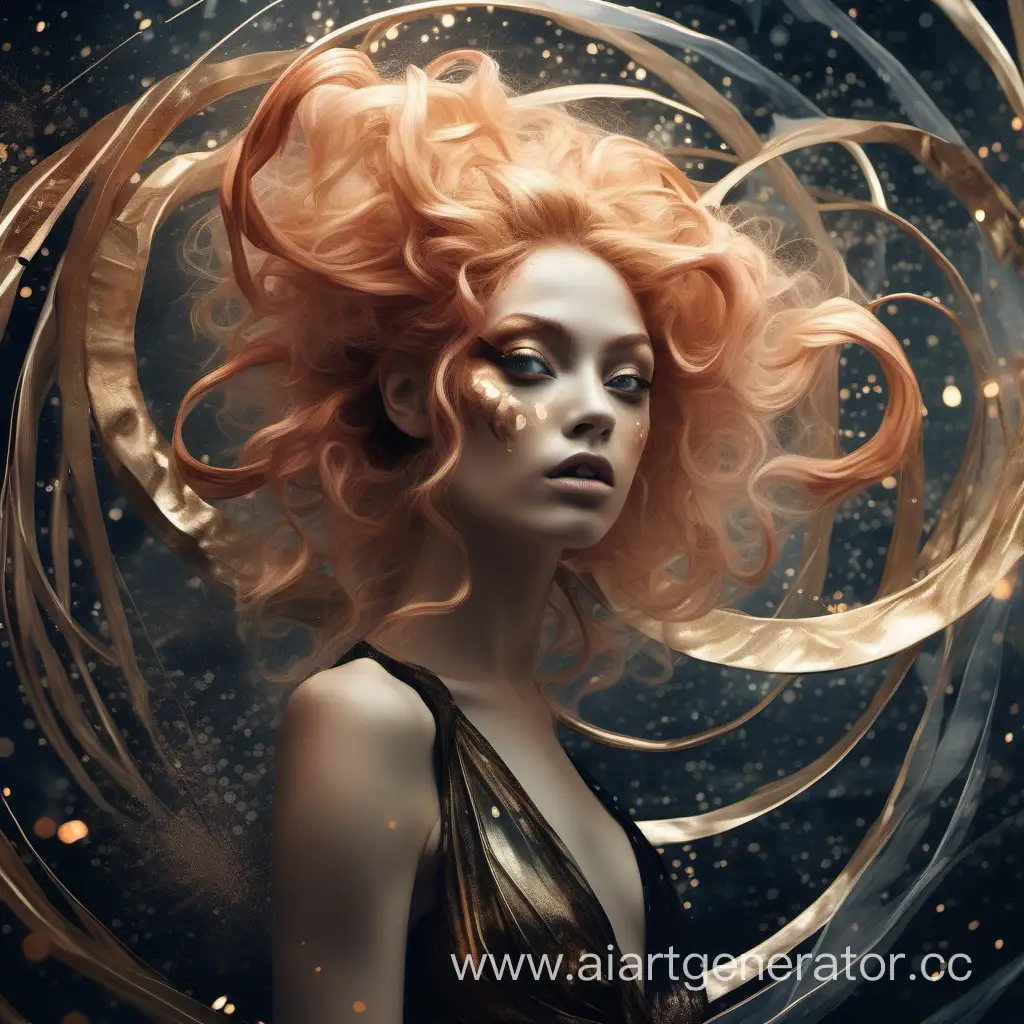 fantastically beautiful crazy calypso nymph against the background of a golden spiral, in the arms of a man with horns, peach hair, thin black ribbons on her hair, freckles, huge expressive eyes, in a swirl of sparks, in a swirl of ribbons, fantasy art, ultra-detailed, hyperrealism, Christiandior, dark  world, bokeh and shimmering dust, flawless lines, high-precision detail