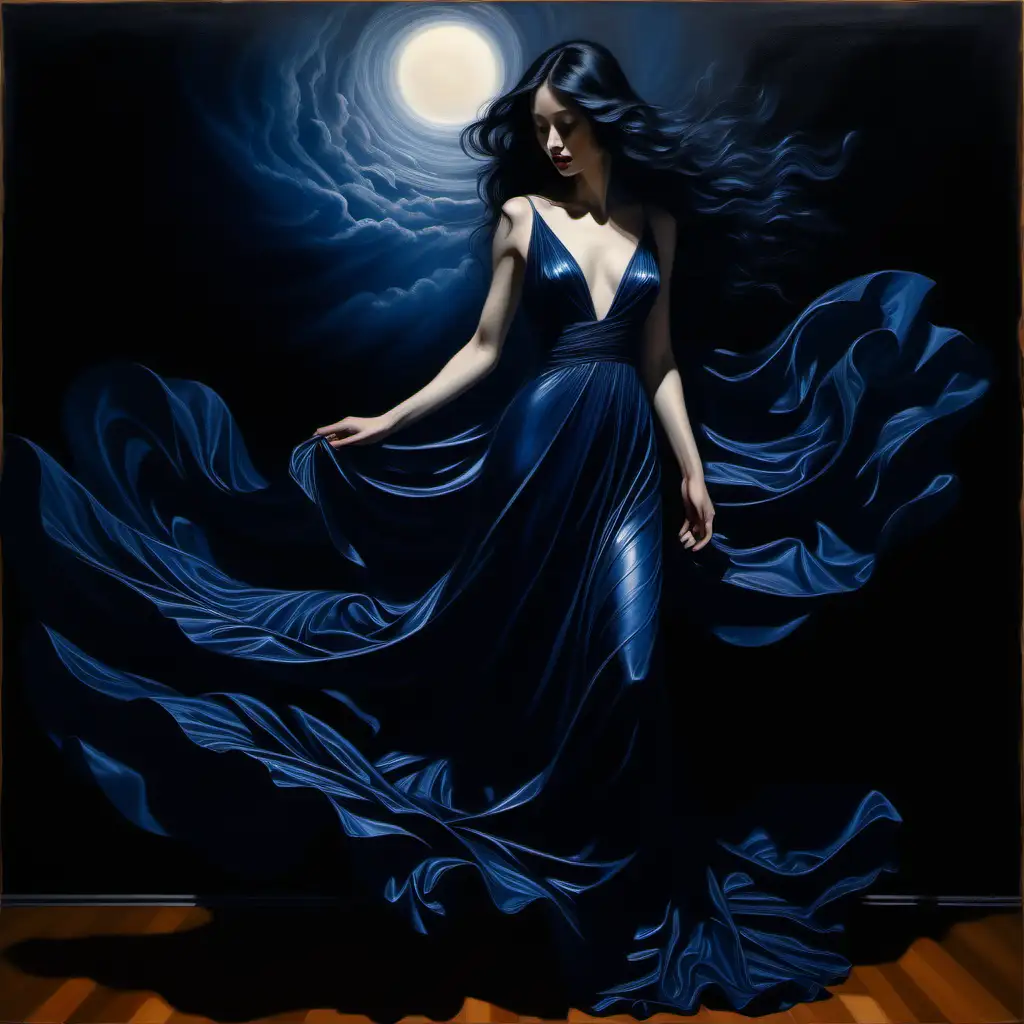 Enchanting Woman in Midnight Blue Gown Ethereal Elegance in a Chiaroscuro Virtual Art Gallery