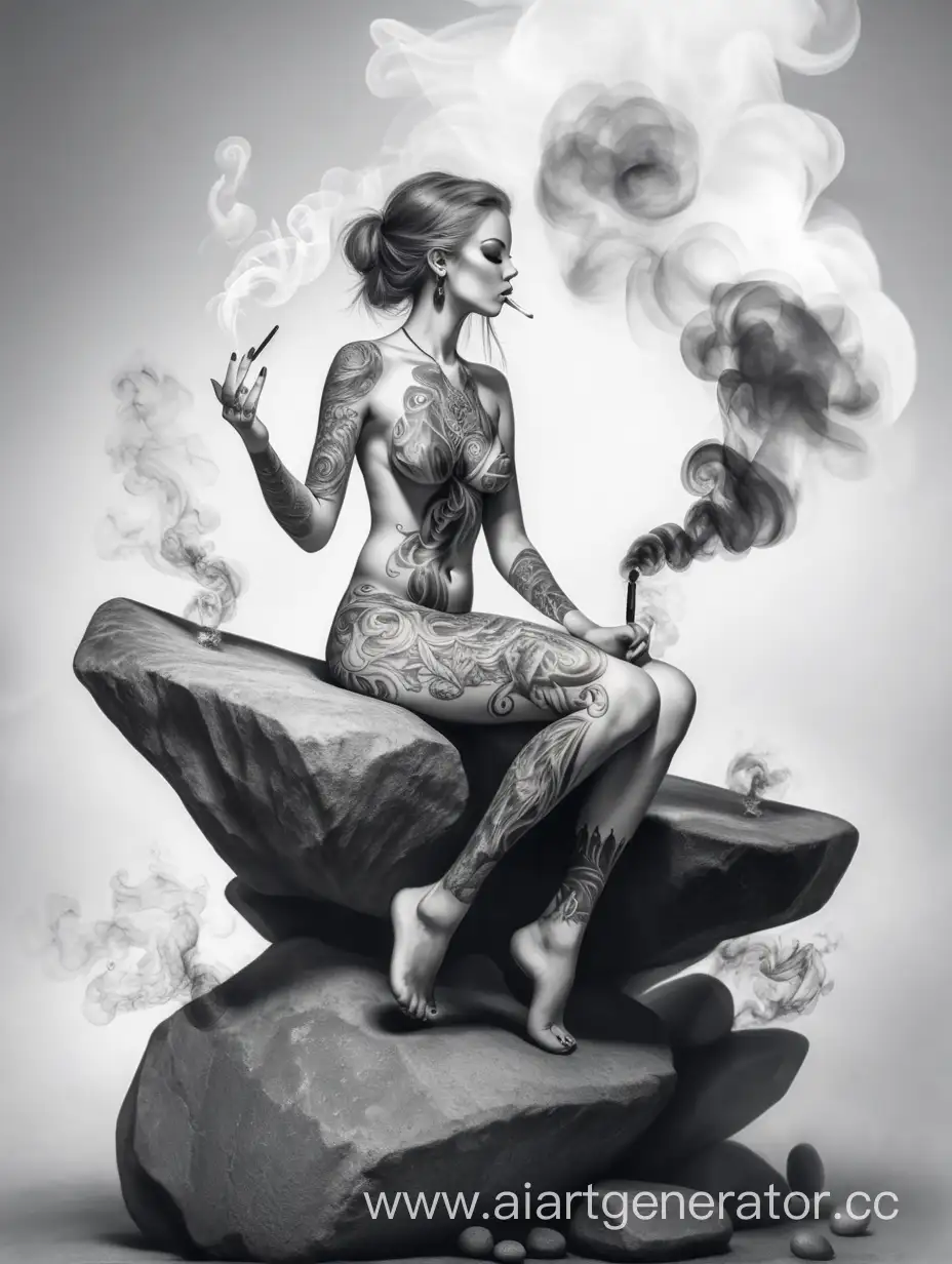 Fantasy-Tattooed-Girl-Sitting-on-Stone-with-Smoke-Patterns