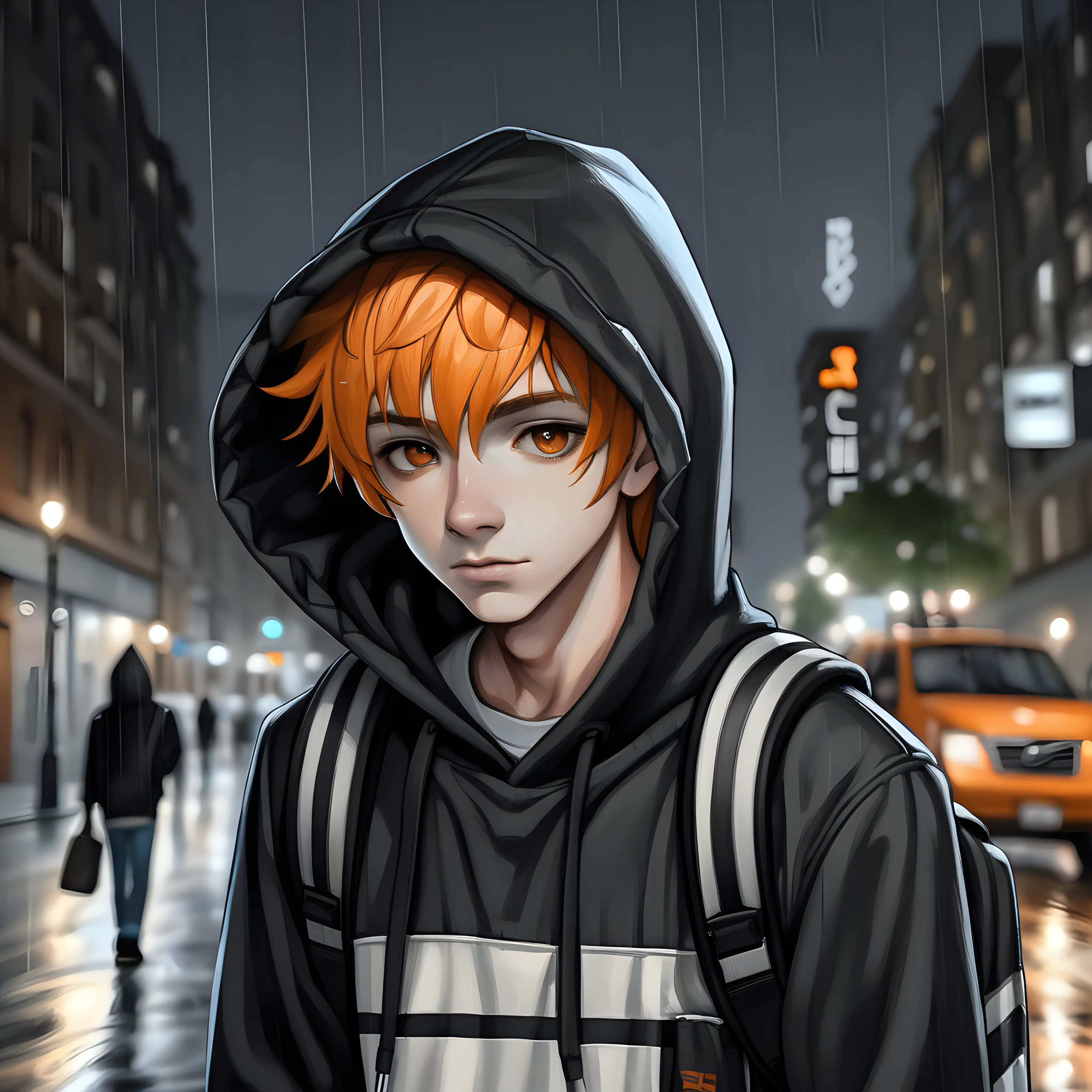 hooded teenager with pale orange hair and dark brown eyes in the city at night in the rain walking with his hands in his pockets, black shirt and grey hood, wearing a black and white striped backpack