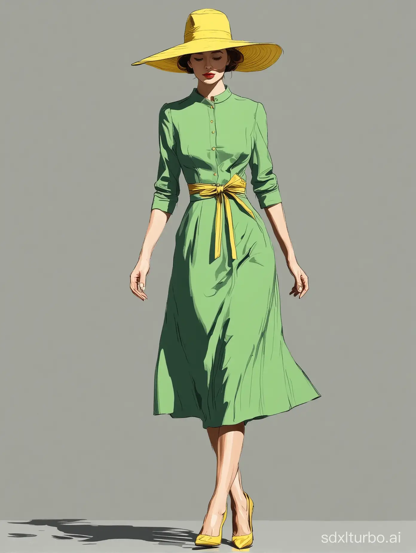 A woman in an elegant green dress and yellow hat walks along the runway, huge breast，her silhouette outlined with bold lines against a clean background. The minimalist style captures every detail of her figure with simple shapes and clear lines, creating a sense of sophistication that resonates across all art forms. High resolution. Black line illustration in the style of on White Background.
