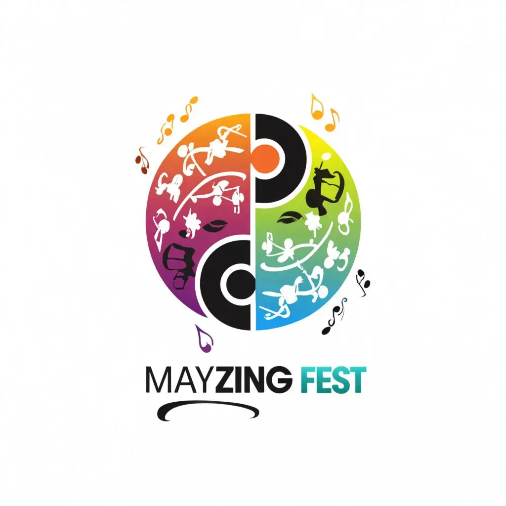 logo, shape of a colourful yin yang design logo for May music festival, white background with colourful silhouette in the centre representing people having fun, microphone, treble clef and flying notes 3D text "aMAYzing Fest", with the text "aMAYzing Fest", typography, be used in Events industry