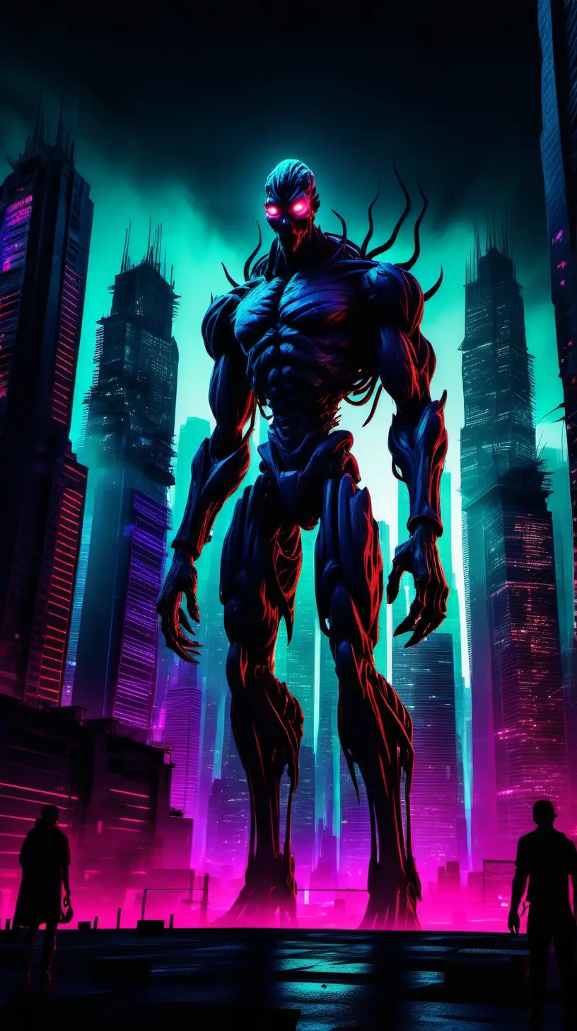 A terrifying, monstrous creature emerges from the shadows in a dystopian cityscape, rendered in a captivating digital art style reminiscent of cyberpunk. Vibrant neon lights pierce through the darkness, casting an eerie glow on the creature's menacing silhouette. The towering skyscrapers loom overhead, their angular shapes emphasizing the gritty, futuristic setting. --s 150 --ar 9:16 --c 50