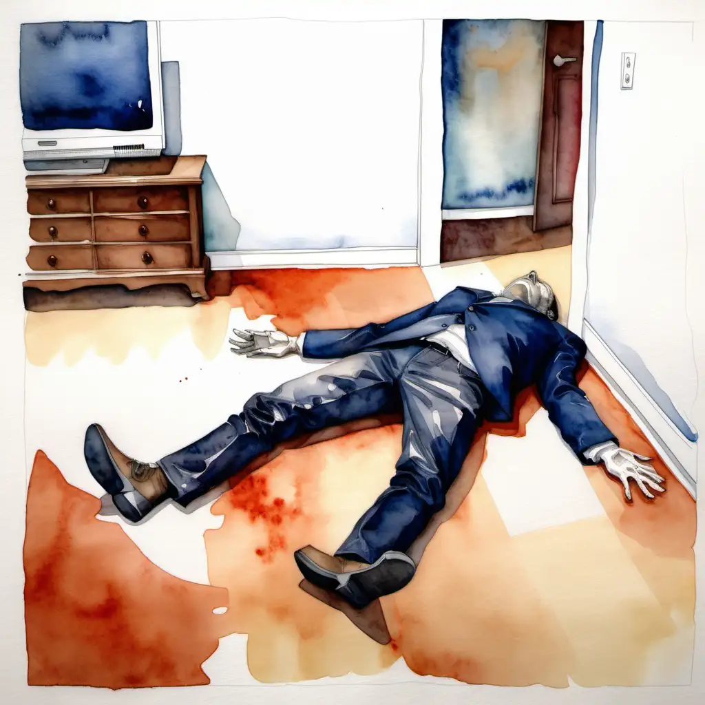 man, lying dead on the floor, face up and writhing in a living room. Watercolor