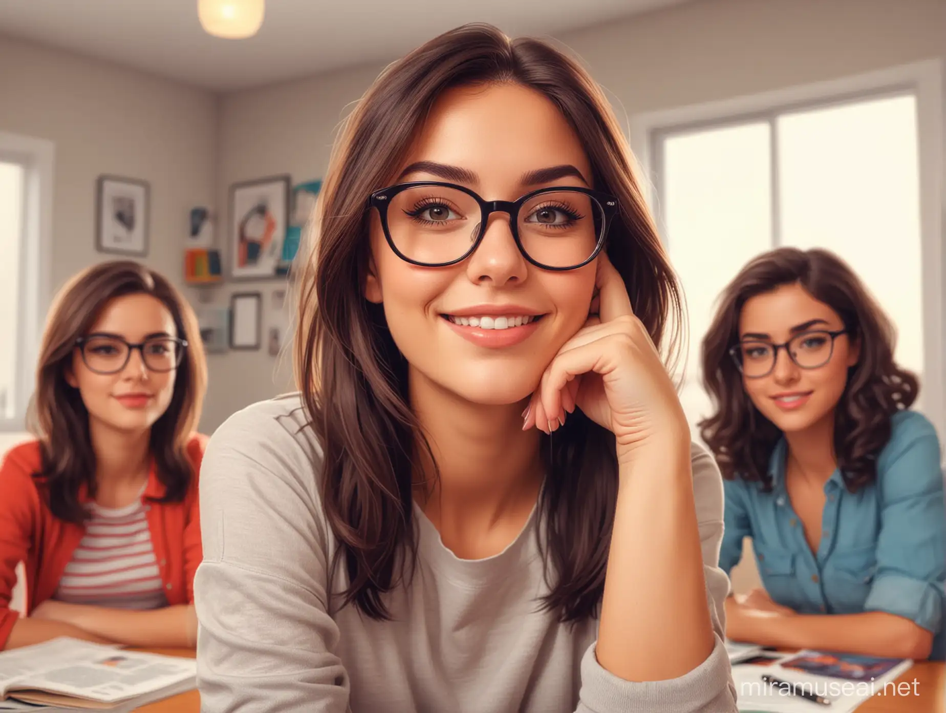 Young Brunette Woman with Friends Enjoying Vibrant Comicstyle Gathering