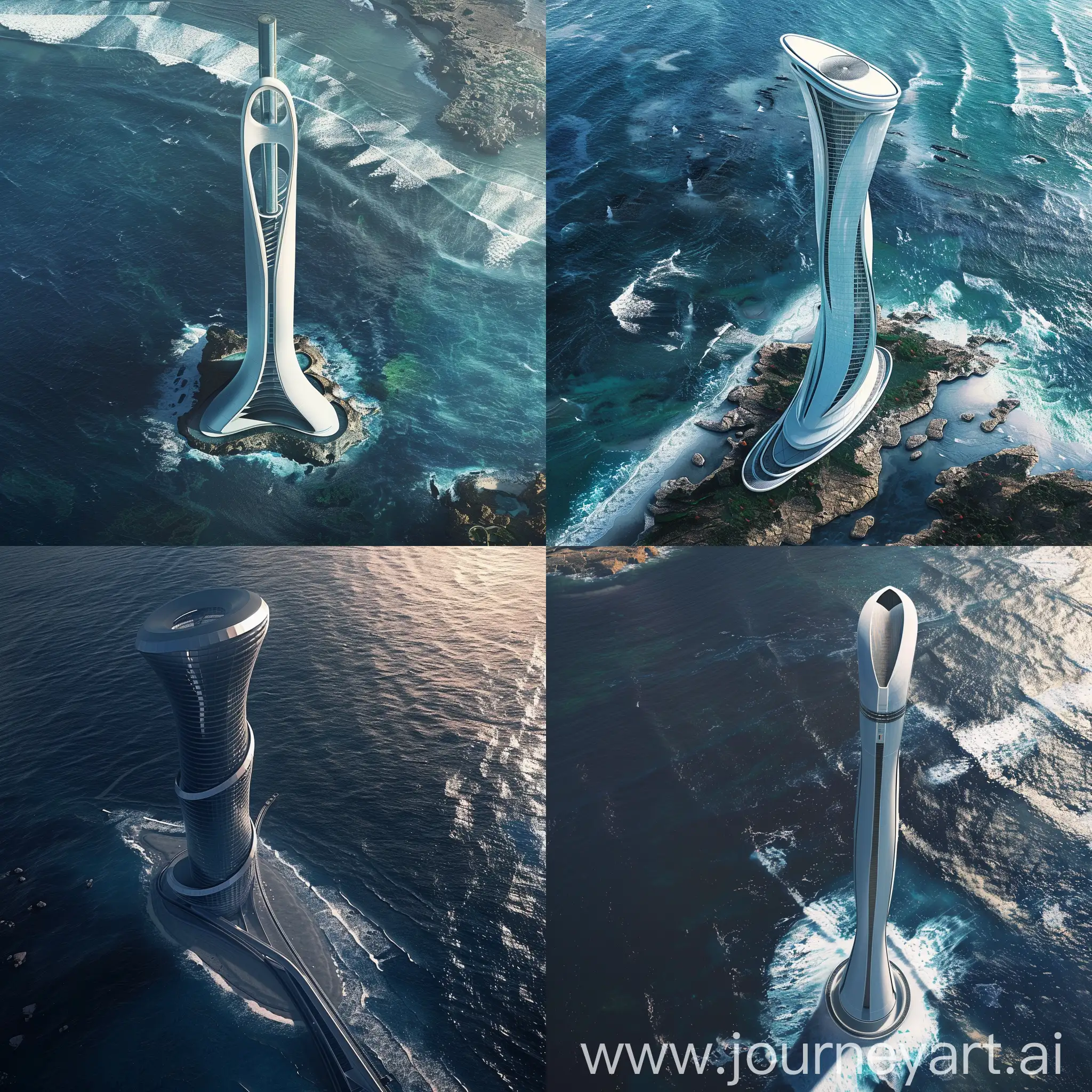Imagine a futuristic ATC tower rising from the ocean, its sleek design inspired by the graceful curves of ocean waves. The aerial view reveals a stunning blend of modern architecture and natural beauty.