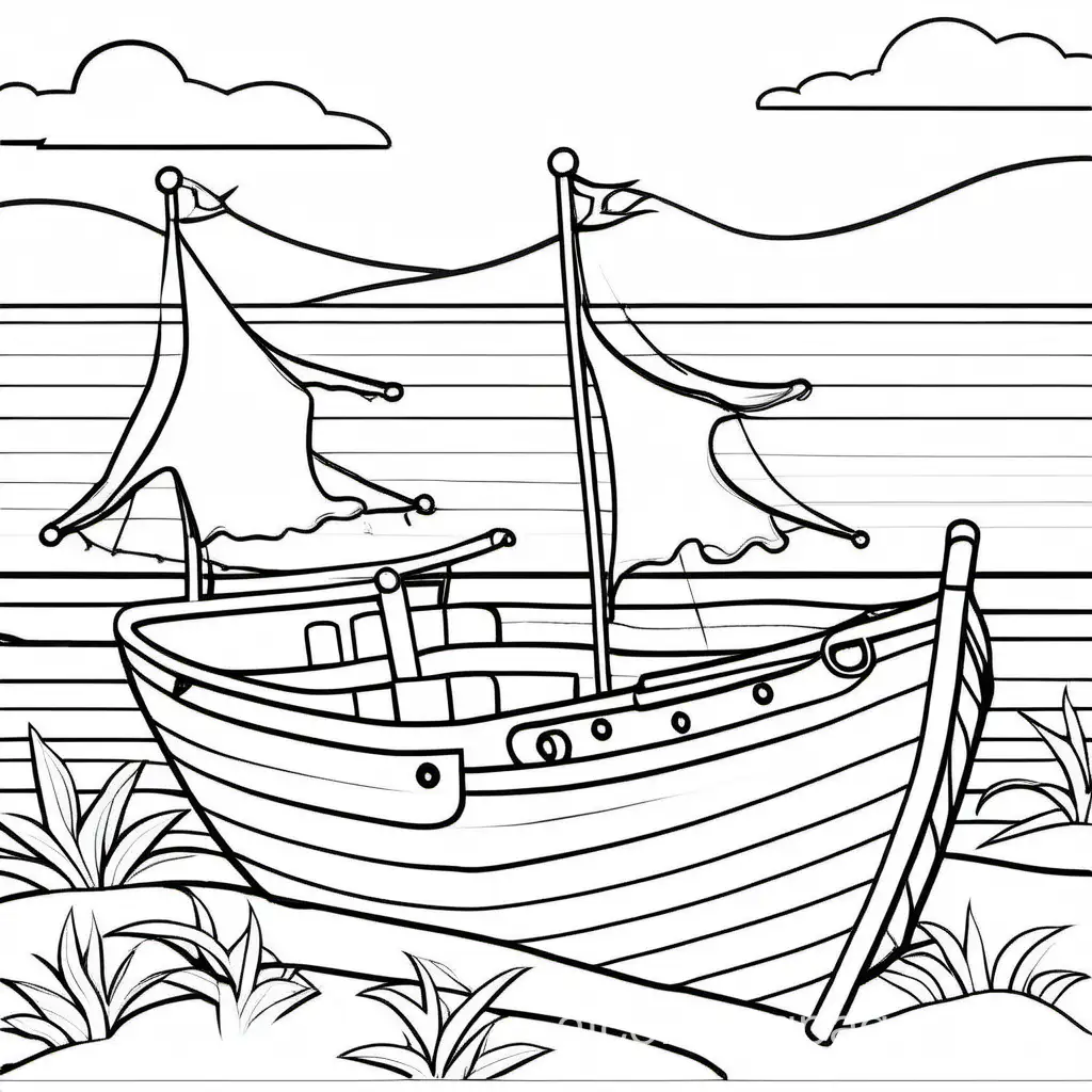 a beach scene with boats, Coloring Page, black and white, line art, white background, Simplicity, Ample White Space. The background of the coloring page is plain white to make it easy for young children to color within the lines. The outlines of all the subjects are easy to distinguish, making it simple for kids to color without too much difficulty, Coloring Page, black and white, line art, white background, Simplicity, Ample White Space. The background of the coloring page is plain white to make it easy for young children to color within the lines. The outlines of all the subjects are easy to distinguish, making it simple for kids to color without too much difficulty
