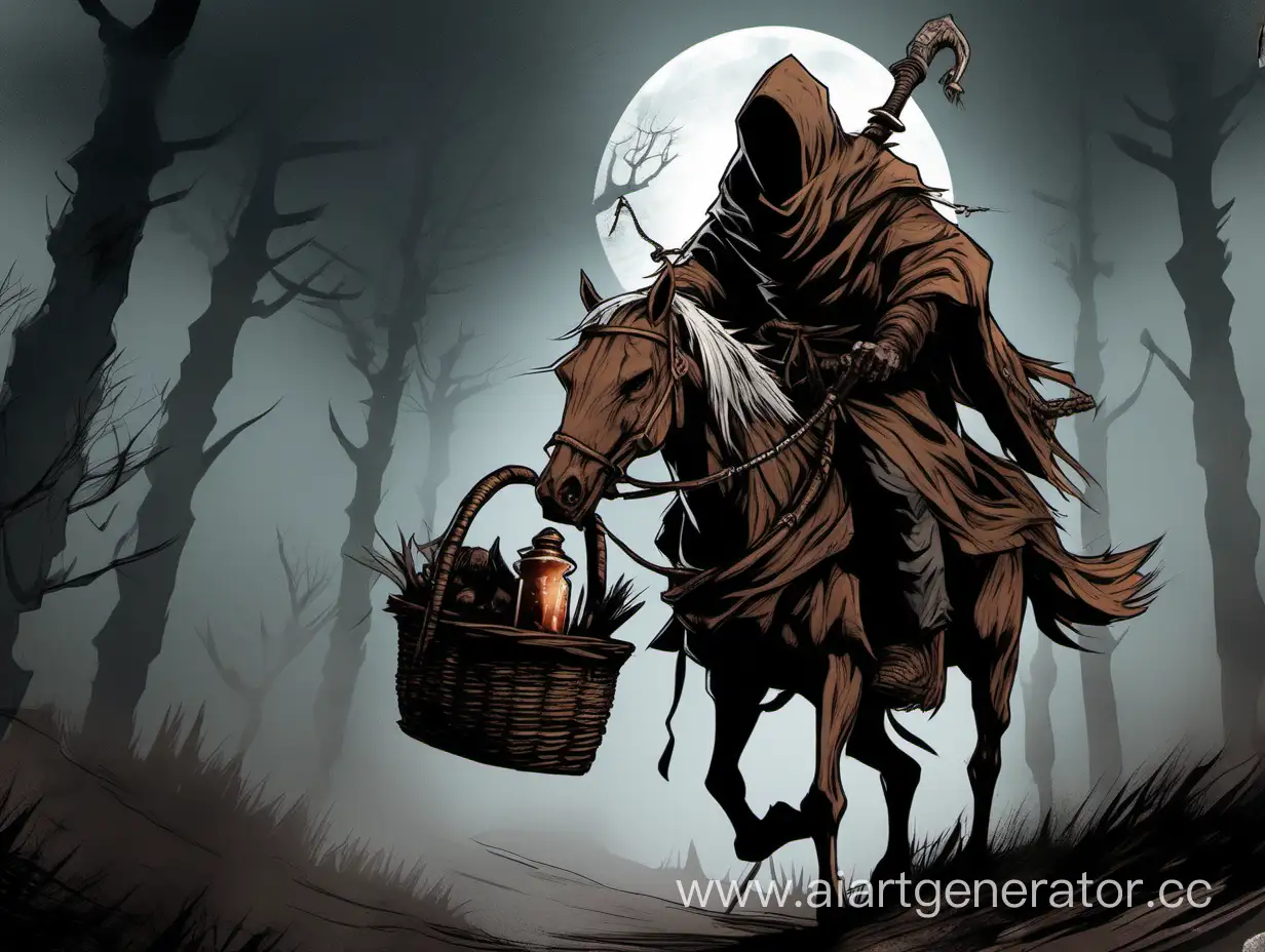 Hollow from dark souls in rugged brown robe with a flask on his belt and with a wicker basket on his back, in hand wooden staff with tribal charms. Riding on a horse. Dead by Daylight.