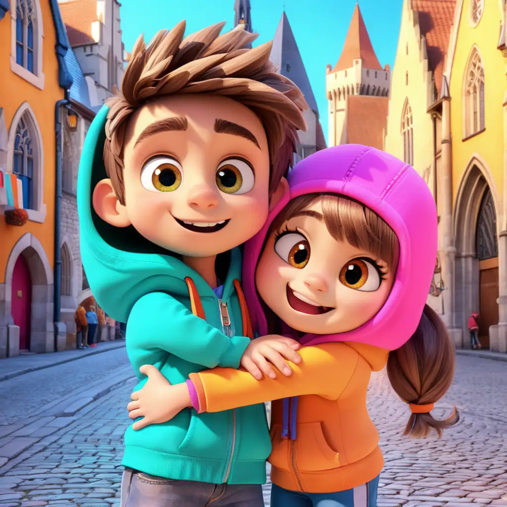 Generate a vibrant 3D animated scene with two characters standing next to each other with the boy hugging the girl. The first character is a girl with a cute and expressive face, wearing a colorful hoodie. She should have long luscious hair and a grumpy look on her face. The second character is a boy with a longer and slim figure, exuding joy and sweetness with a very happy and expressive face. Both characters should be in a cartoonish style with vivid colors. make the background look like brugge 
