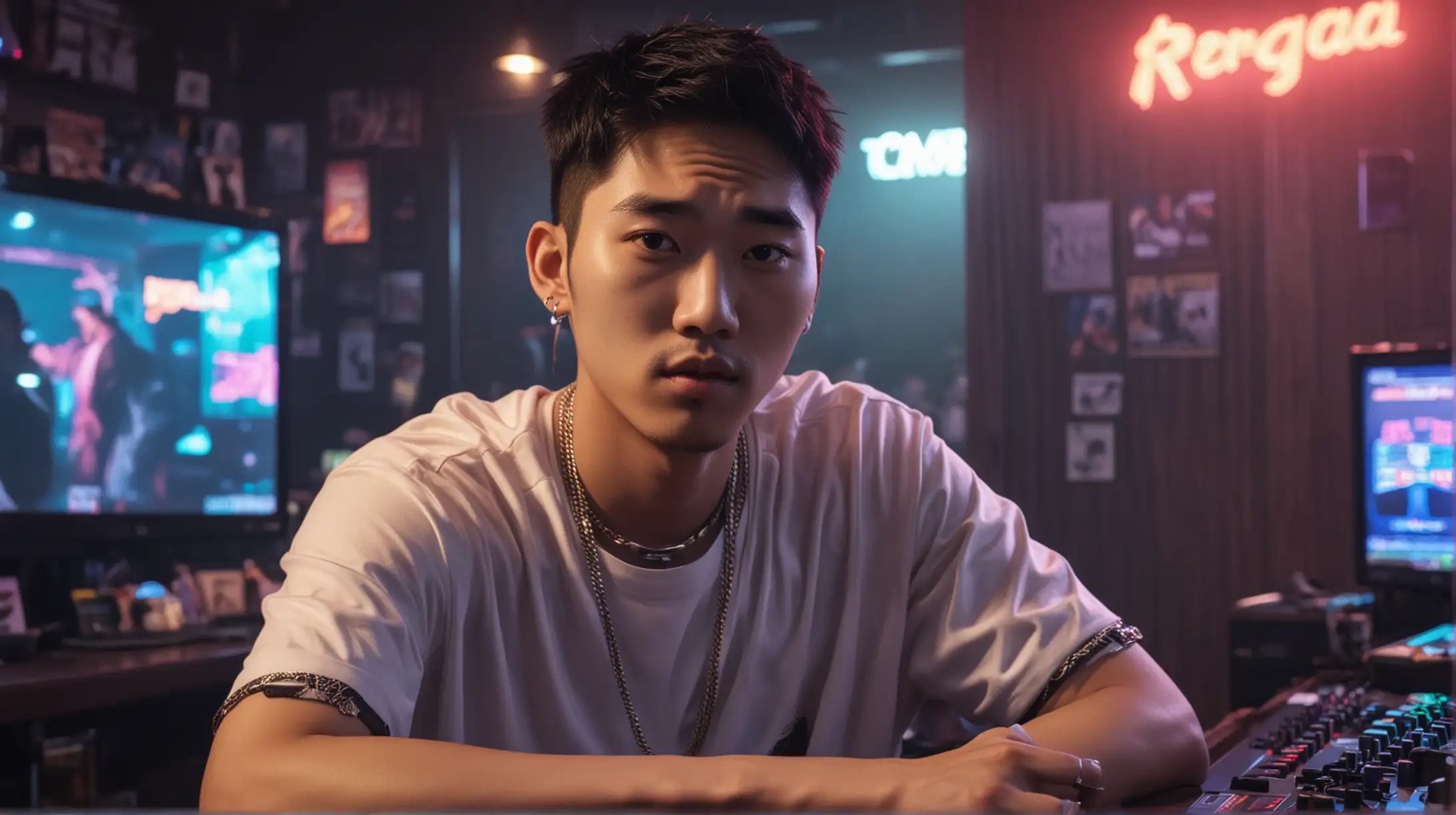 Generate an image of a hip young Korean man who likes rap music, sitting at his desk in a small Georgia strip club.