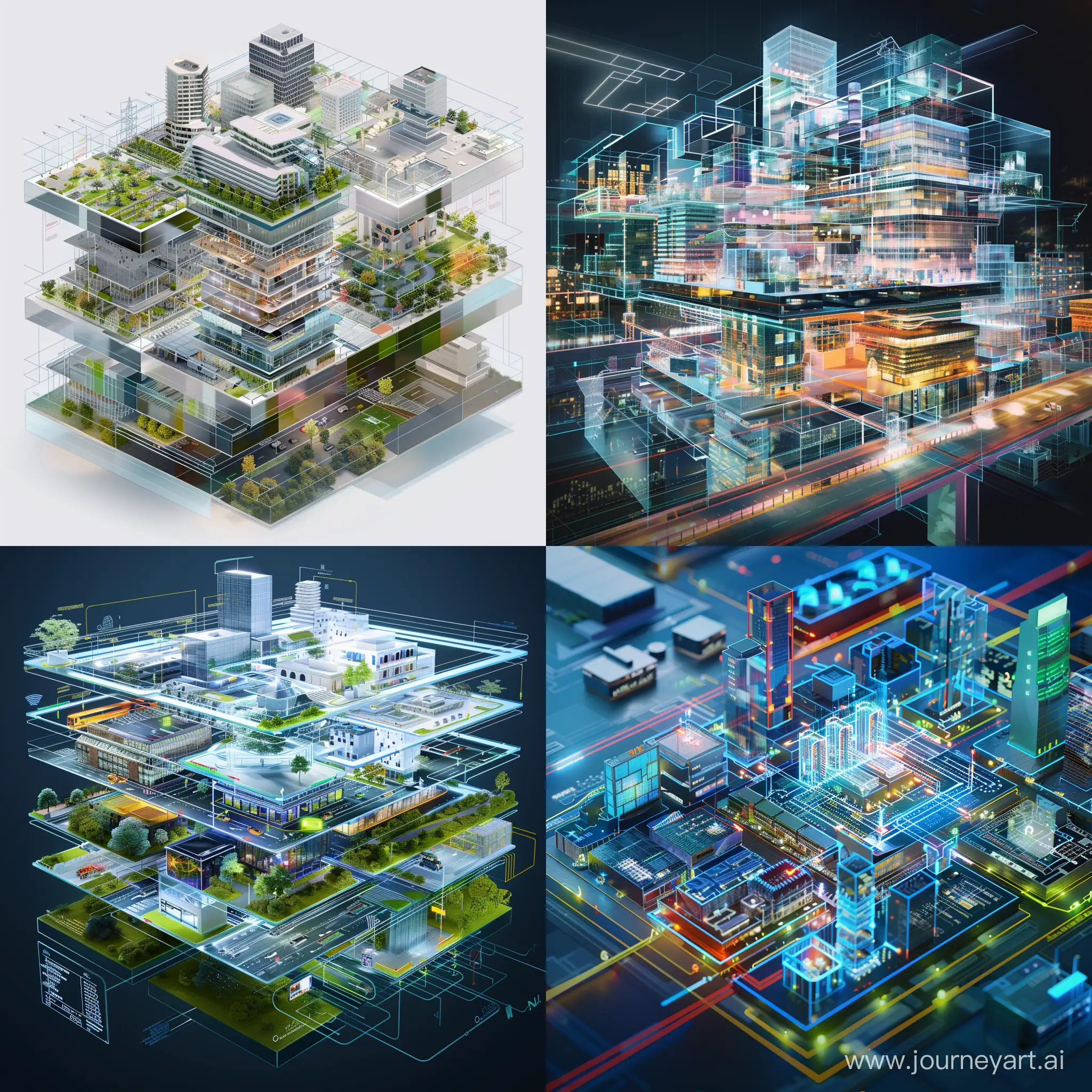 The digital twin of a modern city with several layers like buildings, infrastructure, transport, communications etc.