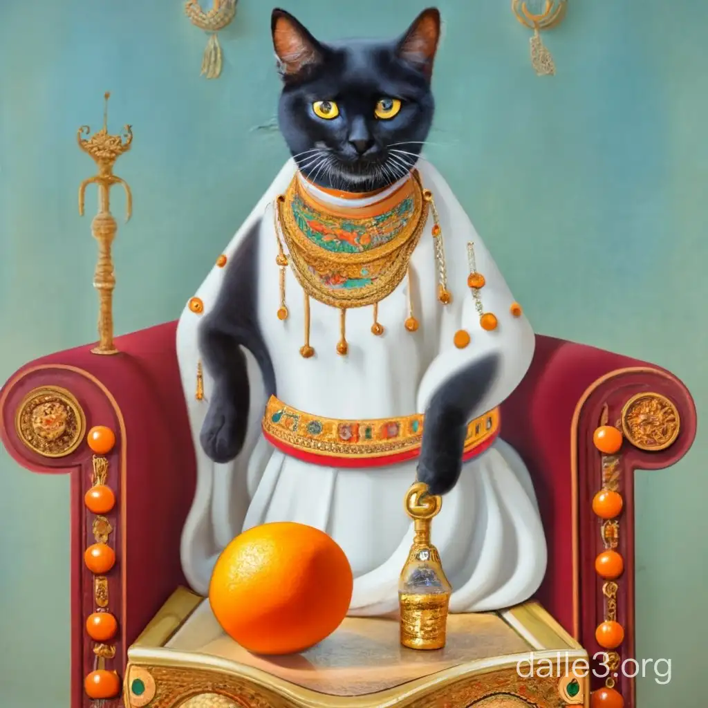 Cleopatra with a Gold centrum with a orange. Cat with the name MIW  in the necklace.Seating in a Beatiful seat like a queen of cat , 