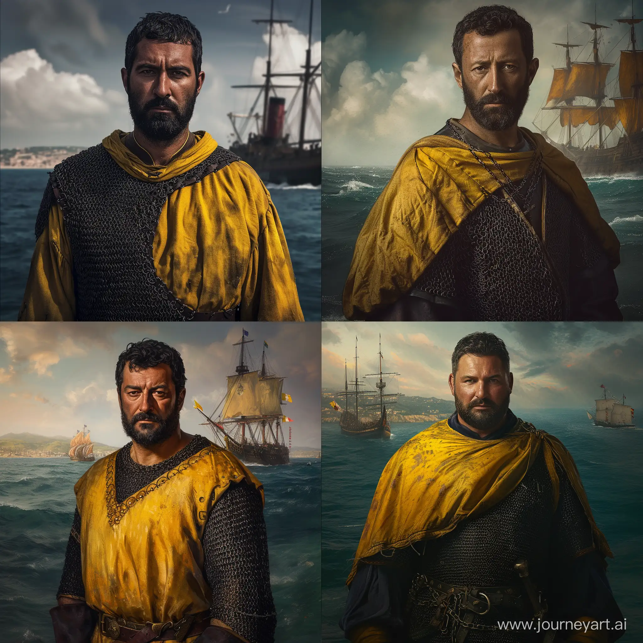 Italian Admiral Roger de Lauria portrait. Wearing dark yellow tunic over chainmail. Average bearded. Mediterranean sea and a war ship background. Medieval times. Cinematic shot. Realistic 8K HD HQ.