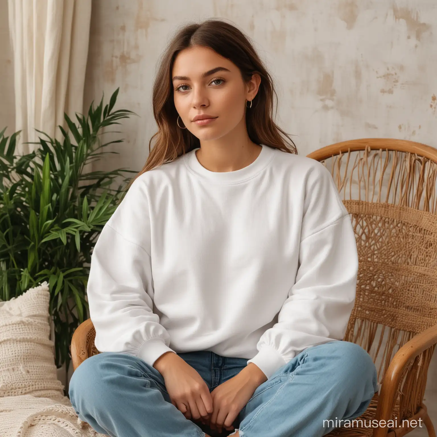 Boho Background Young Women Relaxing on Chair with Pillows in White Crewneck Sweatshirt