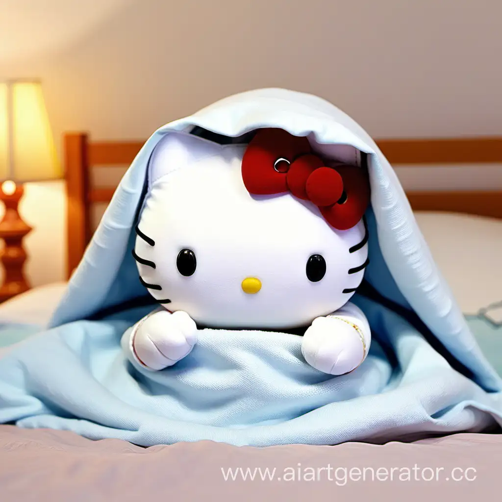 Хелоу Китти со средними рыжими волосами и бедевыми передними прядями подмигивает и сидит на кровати под одеялом